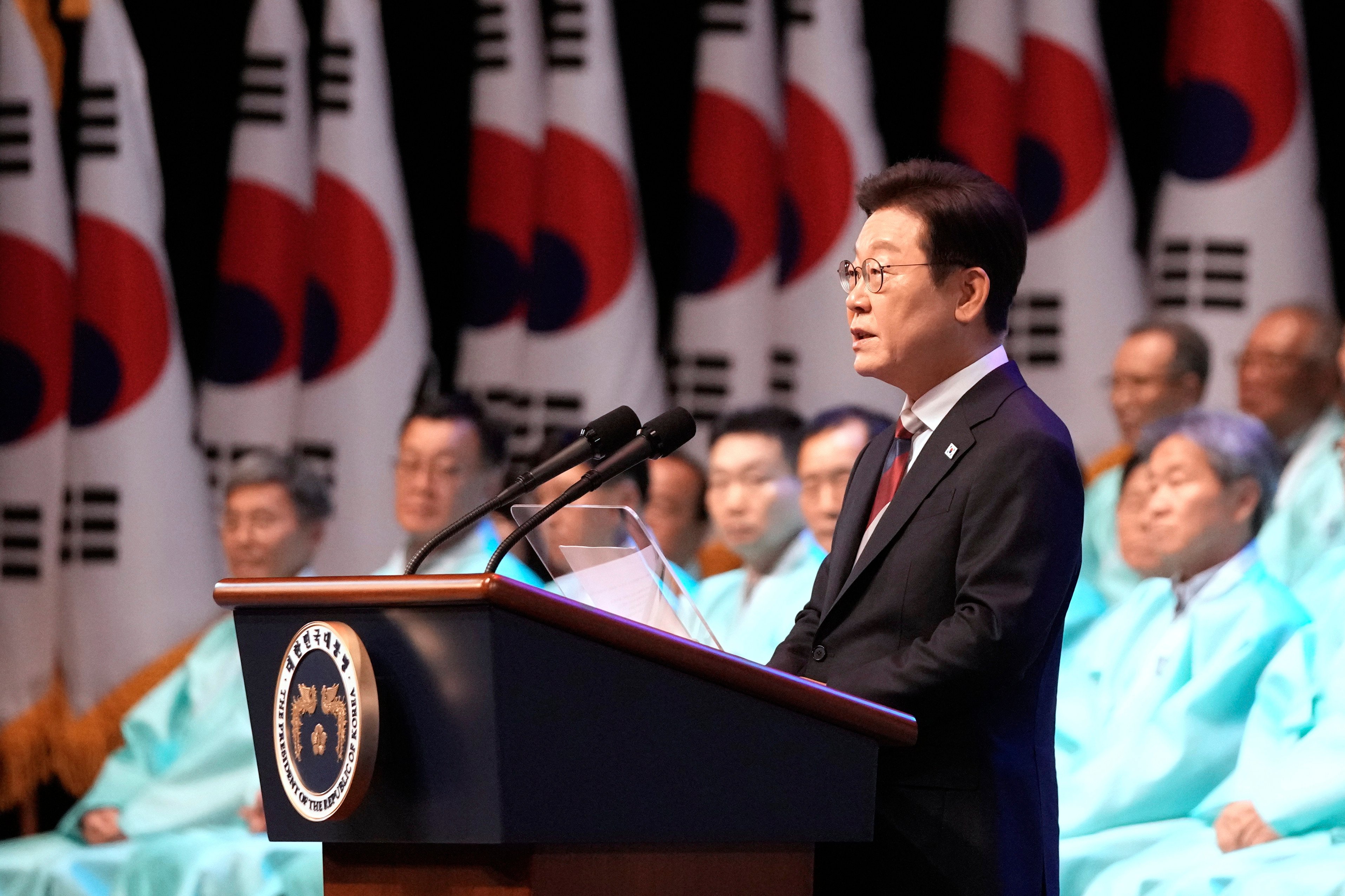 South Korean President Lee Jae-myung speaks during a ceremony to celebrate the 80th anniversary of Korea’s liberation from Japanese colonial rule in Seoul on Friday. Photo: AP