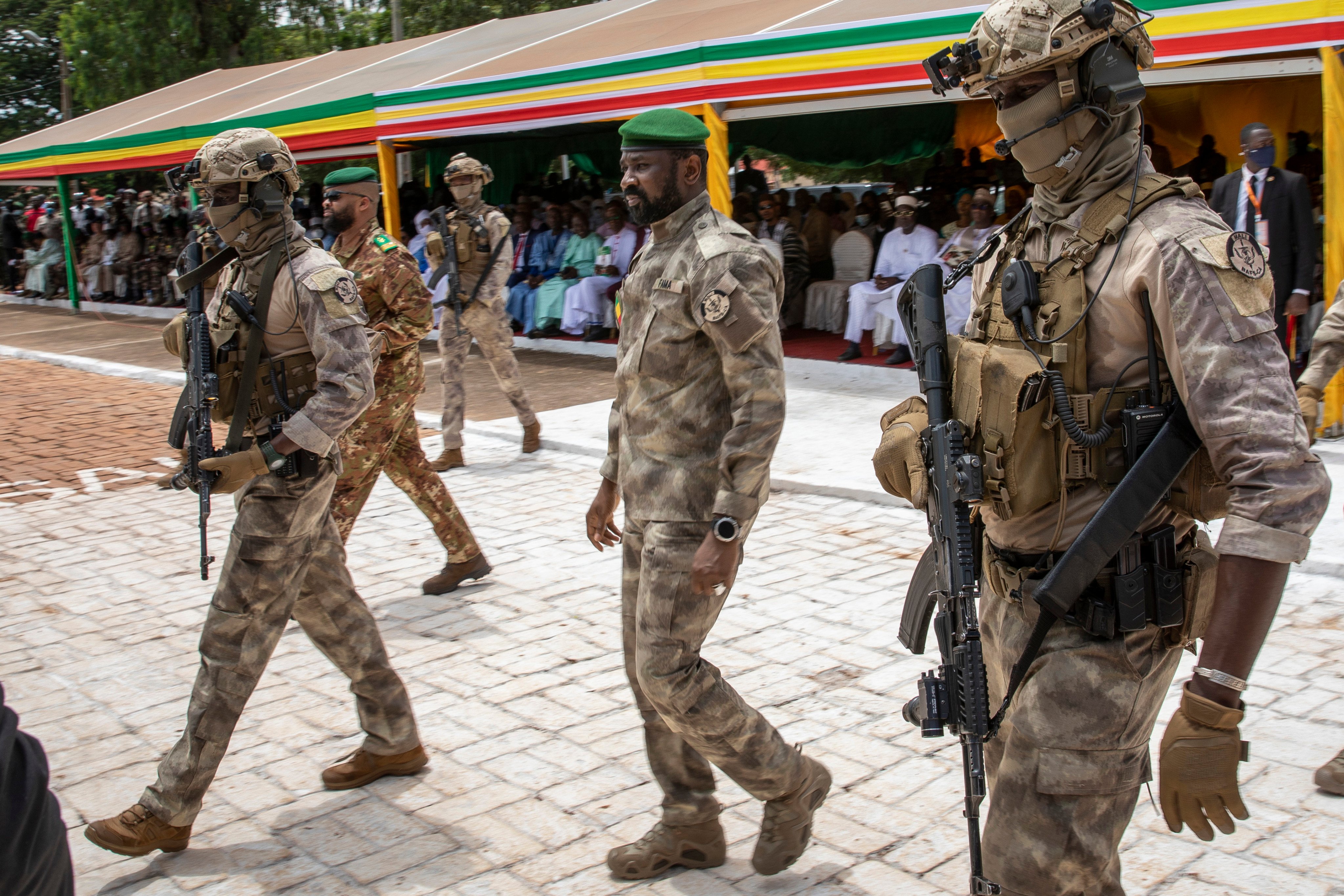 Lieutenant Colonel Assimi Goita (centre), leader of Mali’s ruling junta, attends a military parade in Bamako, Mali, in September 2022. Photo: AP