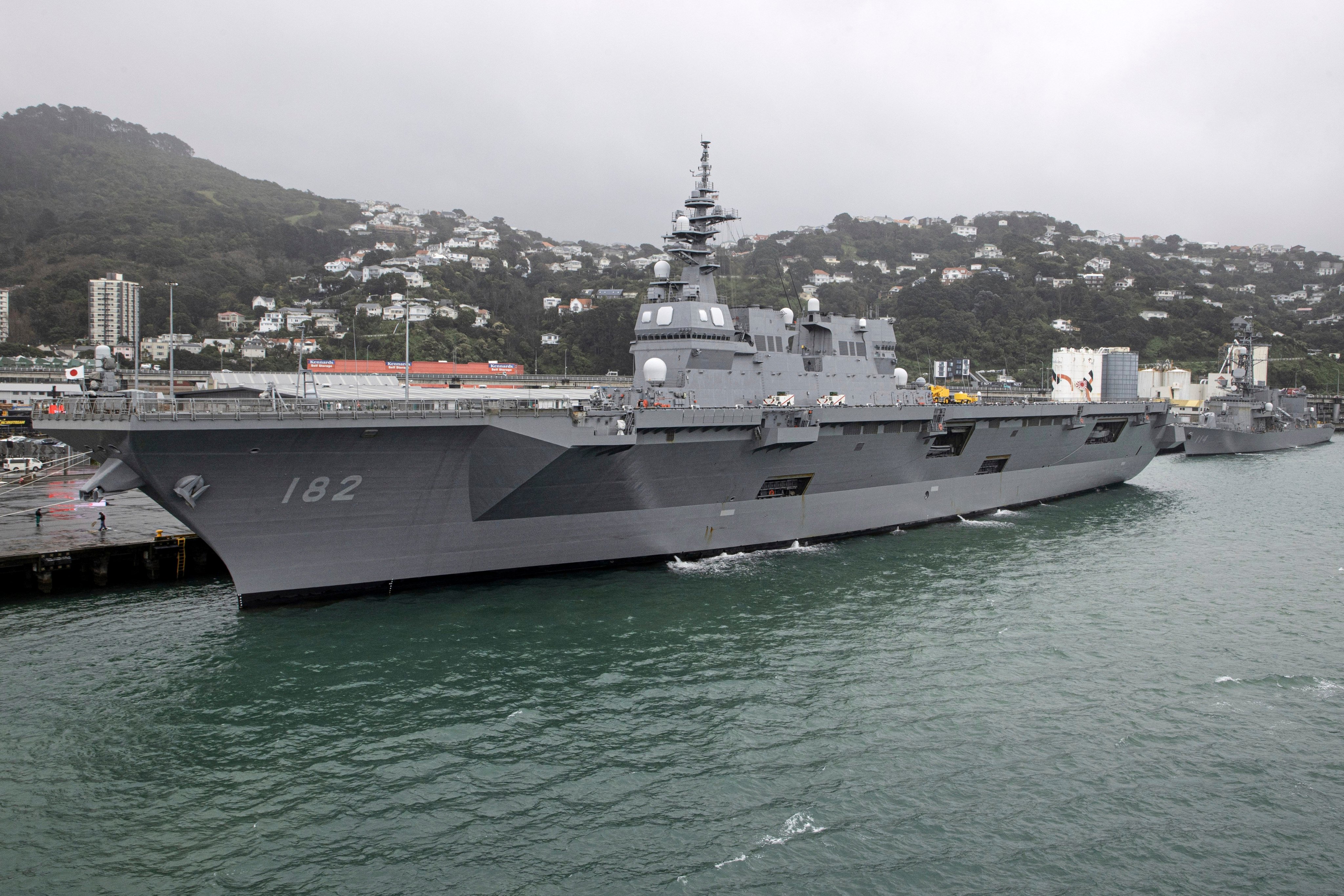 A ship from the Japan Maritime Self-Defence Force, tied up in the port of Wellington, New Zealand, began a three-day ceremonial port visit earlier this month. Photo: AP