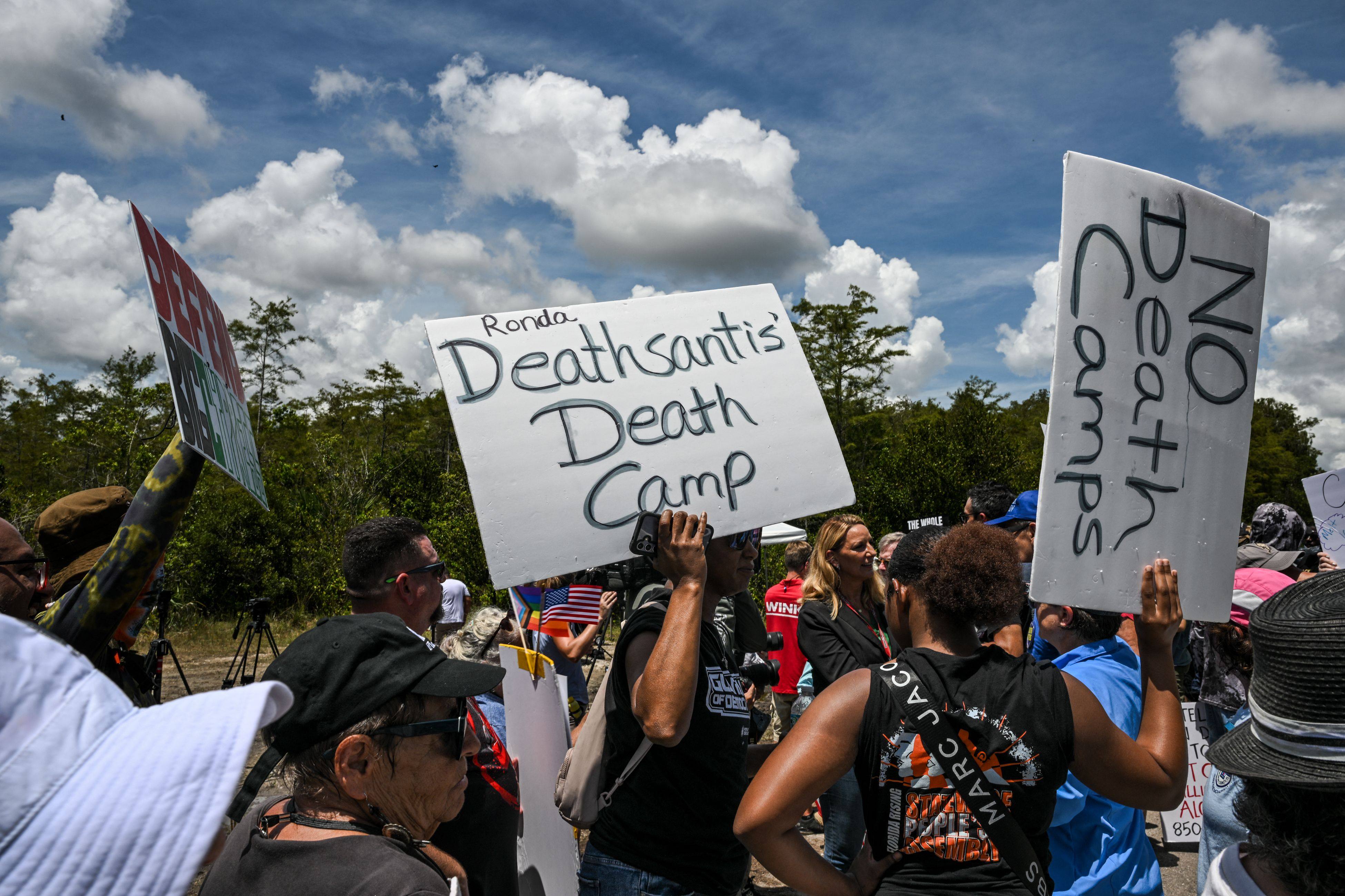 Protesters gather to demand the closure of the immigrant detention centre known as “Alligator Alcatraz” in Ochopee, Florida, in July. Photo: AFP