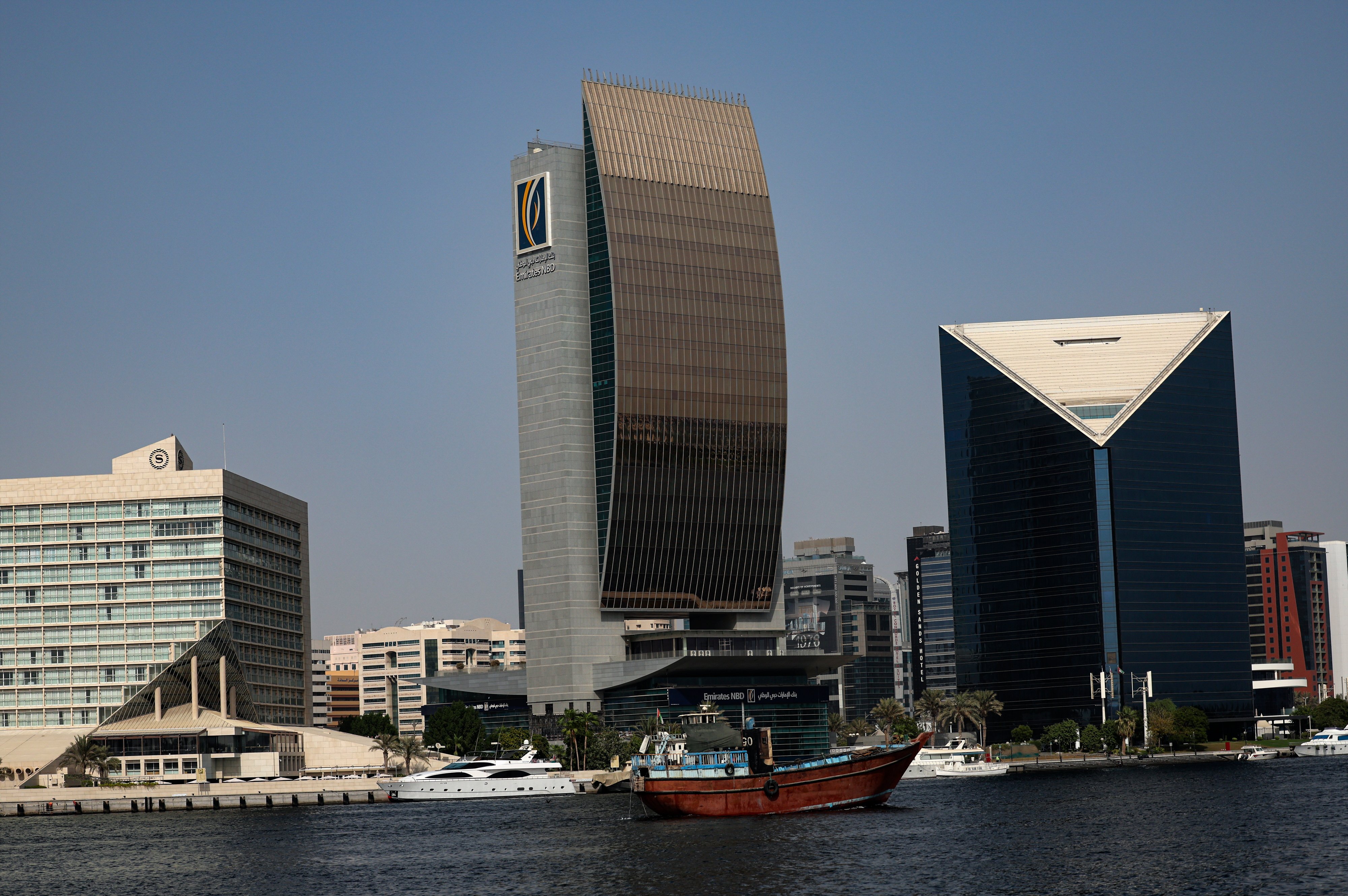 A view of the Emirates NBD bank headquarters, centre, in Dubai on August 5. Photo: EPA