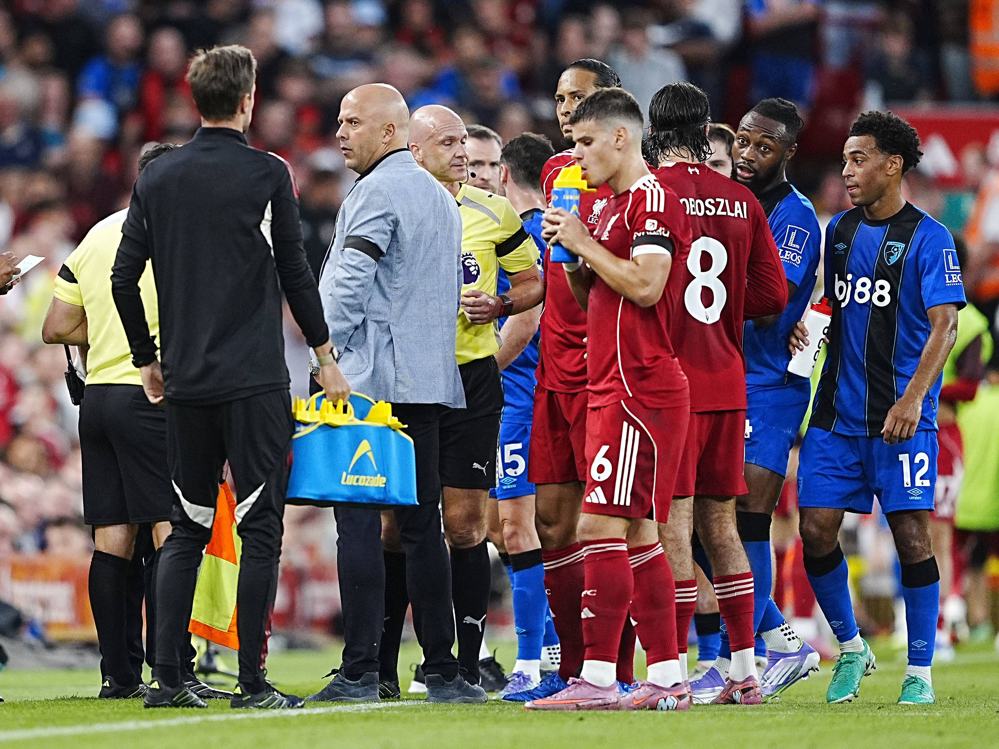 Play is stopped at Anfield following reports of racist abuse aimed at Bournemouth’s Antoine Semenyo. Photo: AP