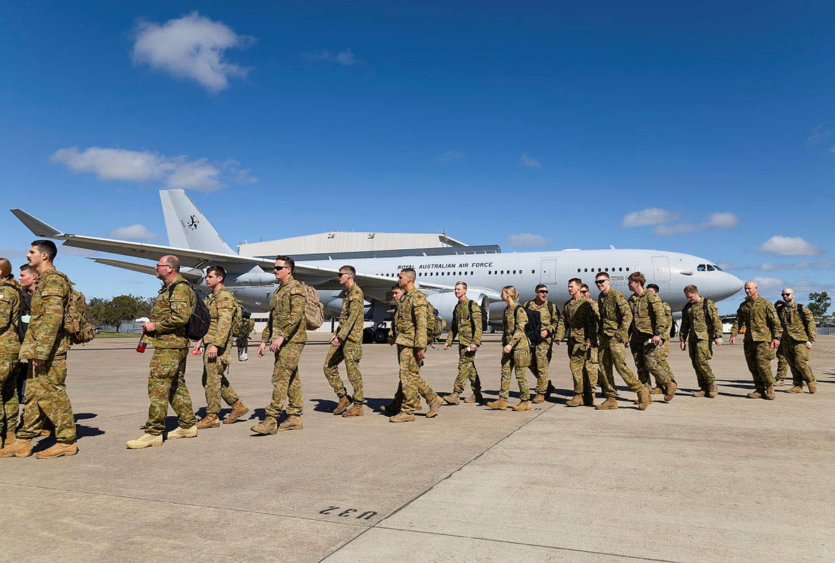Defence personnel embark a Royal Australian Air Force KC-30A departing RAAF base Amberley for the Philippines as part of exercise Alon 2025. Photo: Australia’s defence department