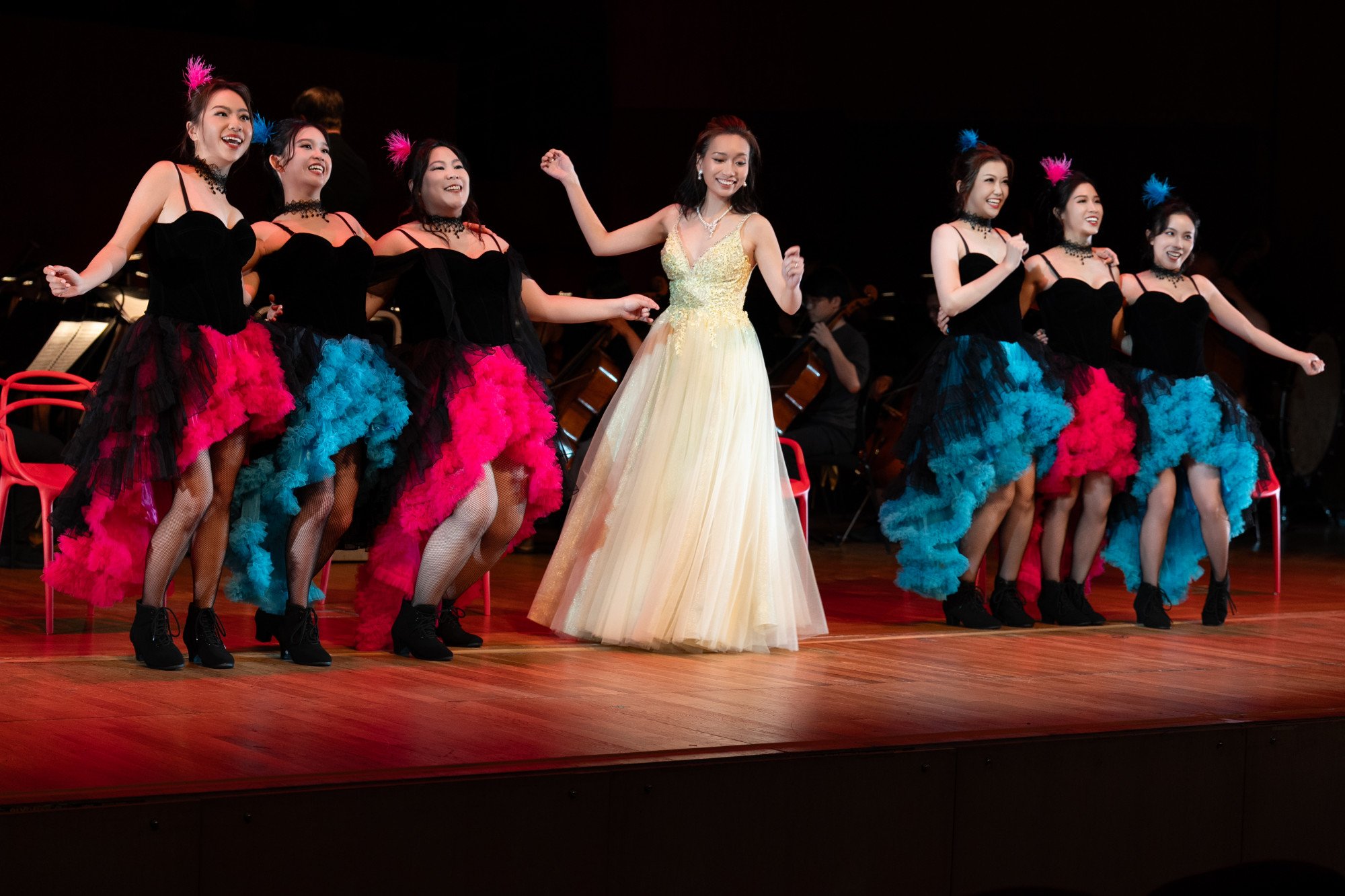 Rachel Kwok dances the can-can alongside the sextet of chorus girls in The Merry Widow. Photo: Opera Hong Kong