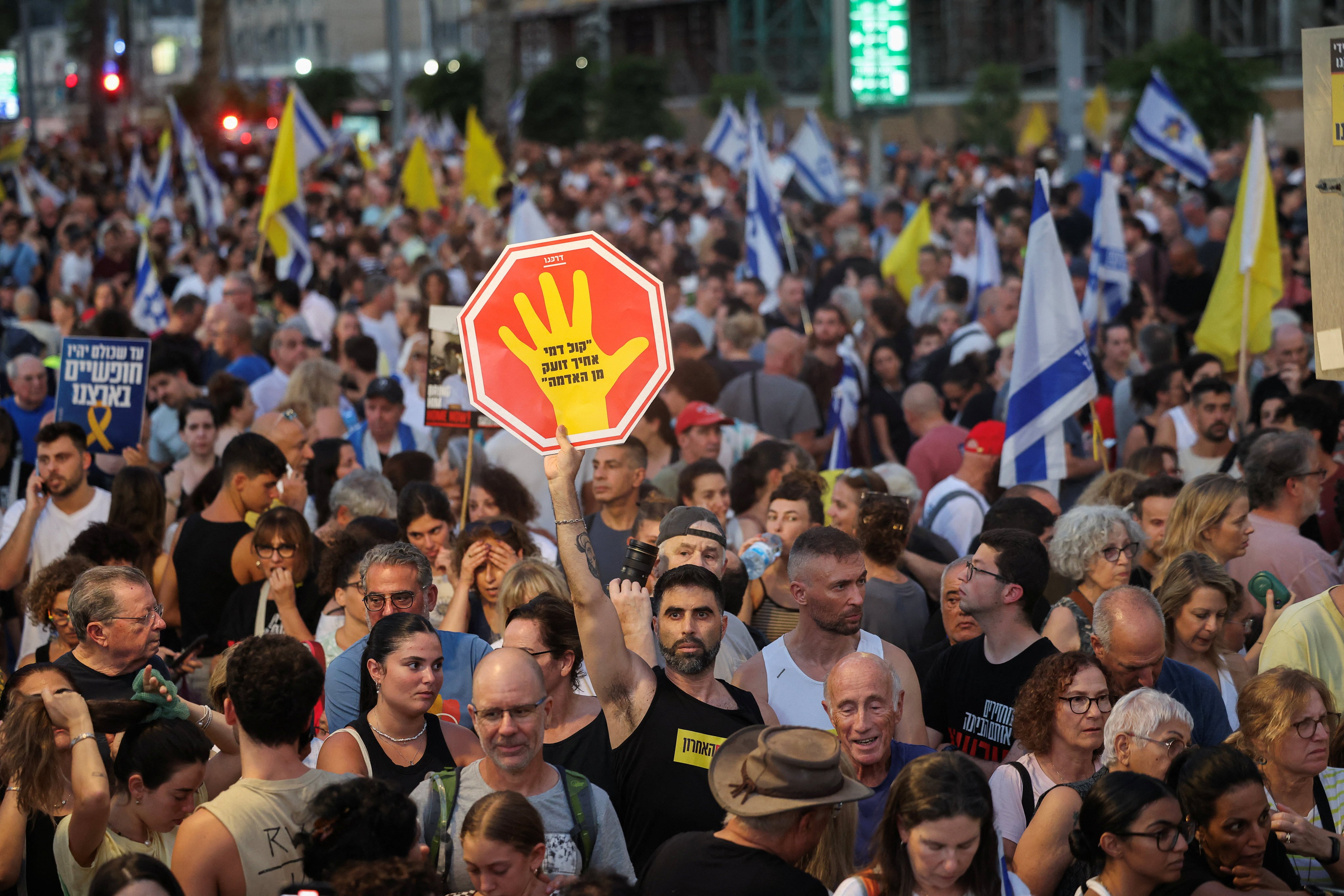 Demonstrators take part in a protest calling for the return of all hostages and an end to the war in Gaza, in Tel Aviv, Israel on Sunday. Photo: Reuters