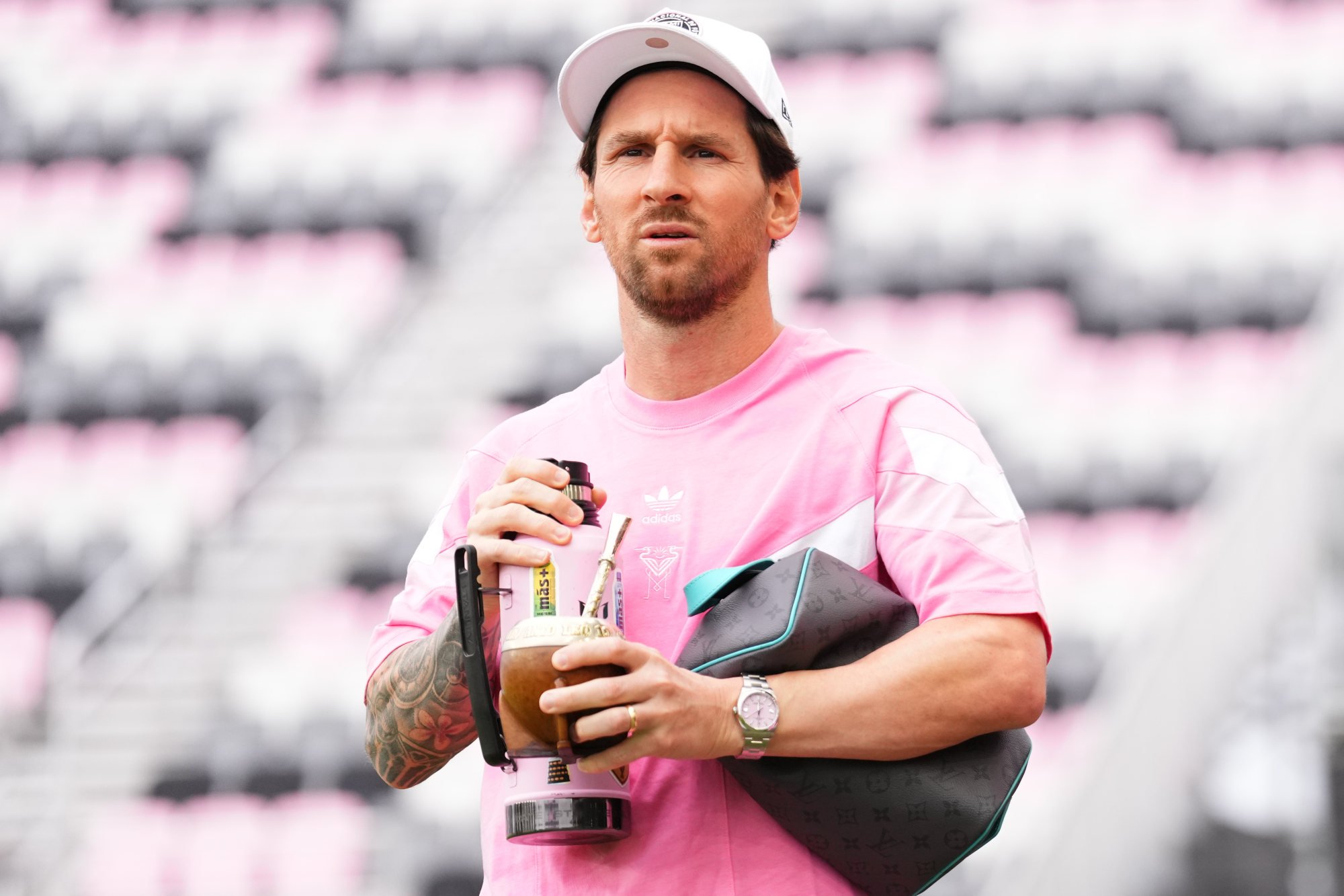 Lionel Messi of Inter Miami CF wearing his Rolex Oyster Perpetual timepiece on March 29, in Fort Lauderdale, Florida, before a game. Photo: Getty Images