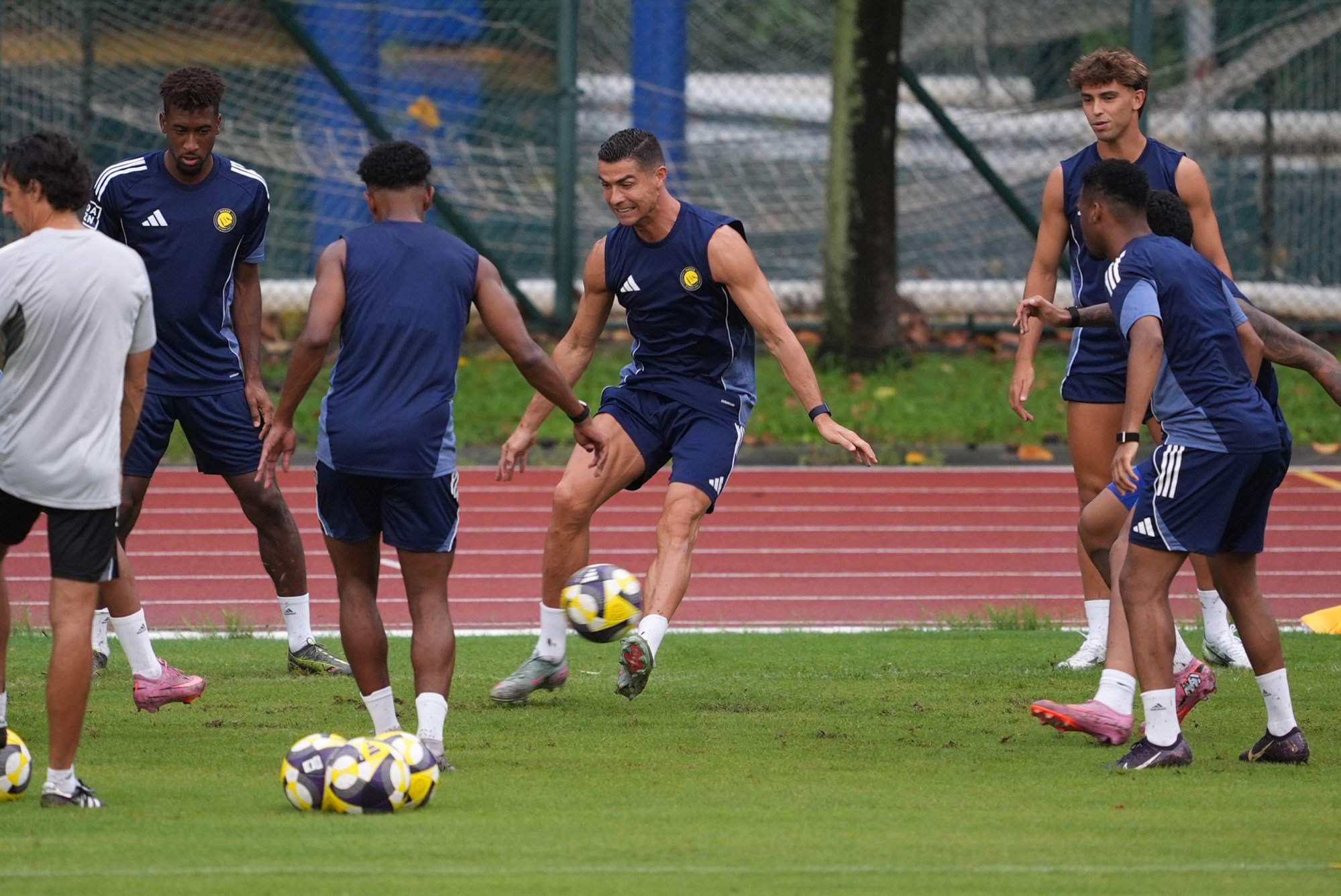 Cristiano Ronaldo (centre) and Joao Felix (right) in training at the Joint Sports Centre. Photo: Eugene Lee