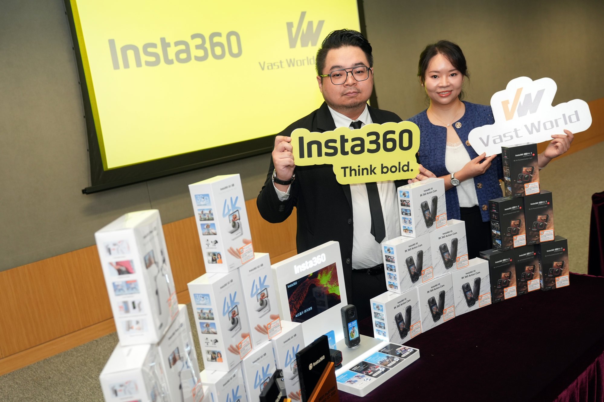 Angus Yip (left), senior marketing manager, and Grace Sze, sales and marketing general manager of Vast World Limited, the exclusive distributor of Insta360 in Hong Kong. Photo: Eugene Lee