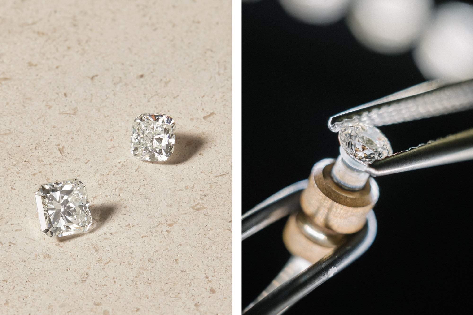 Asscher-cut and cushion-cut natural diamonds, and clarity grading for natural diamonds. Photos: Handout