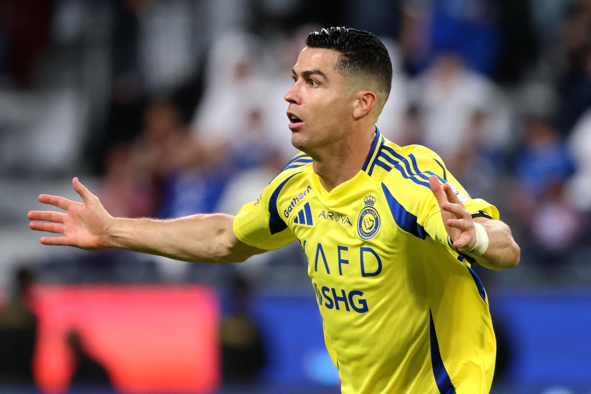 Cristiano Ronaldo celebrates scoring in a Saudi Pro League match in April. Photo: AFP