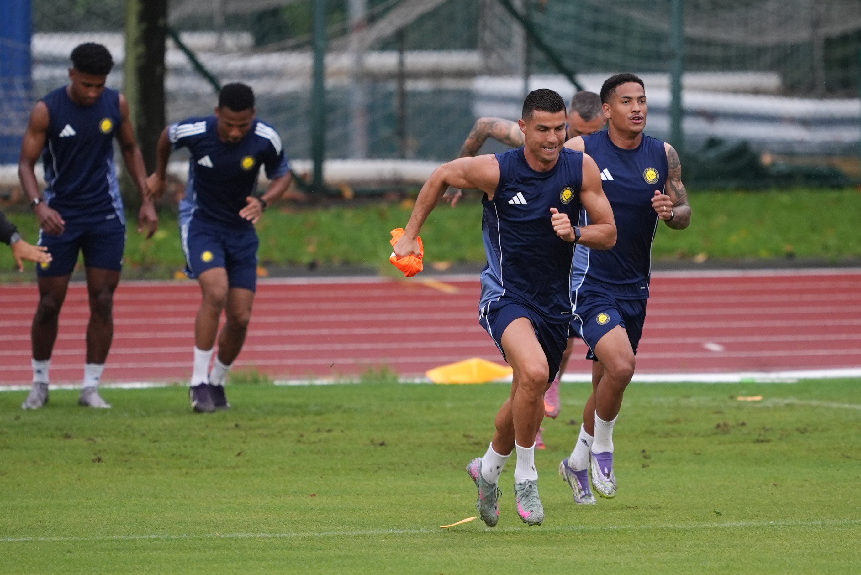 Cristiano Ronaldo leads his Al-Nassr teammates in a sprint session ahead of the Saudi Super Cup semi-final. Photo: Eugene Lee