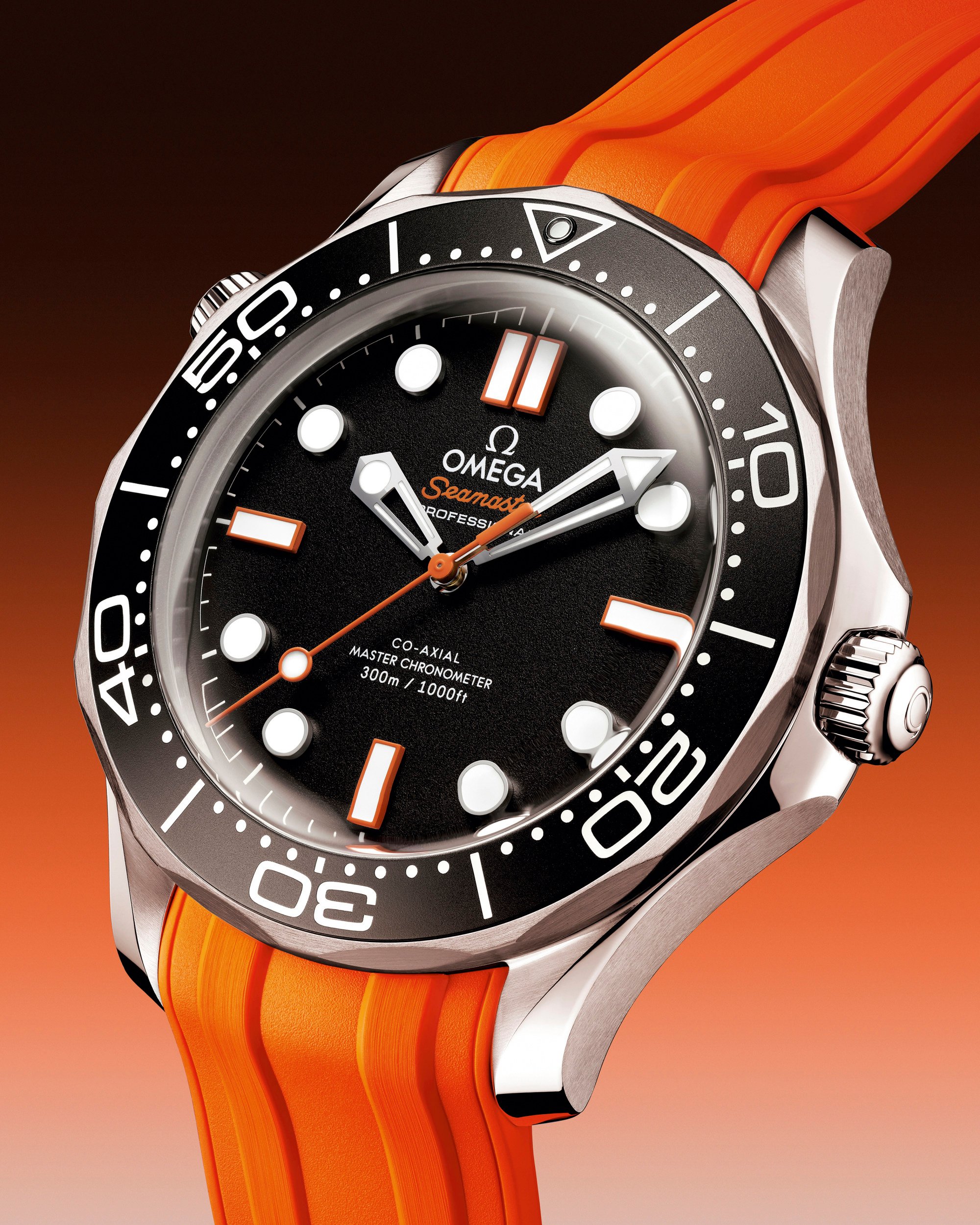 The Seamaster Diver 300M with orange rubber strap and white Super-LumiNova elements for legibility. Photo: Handout