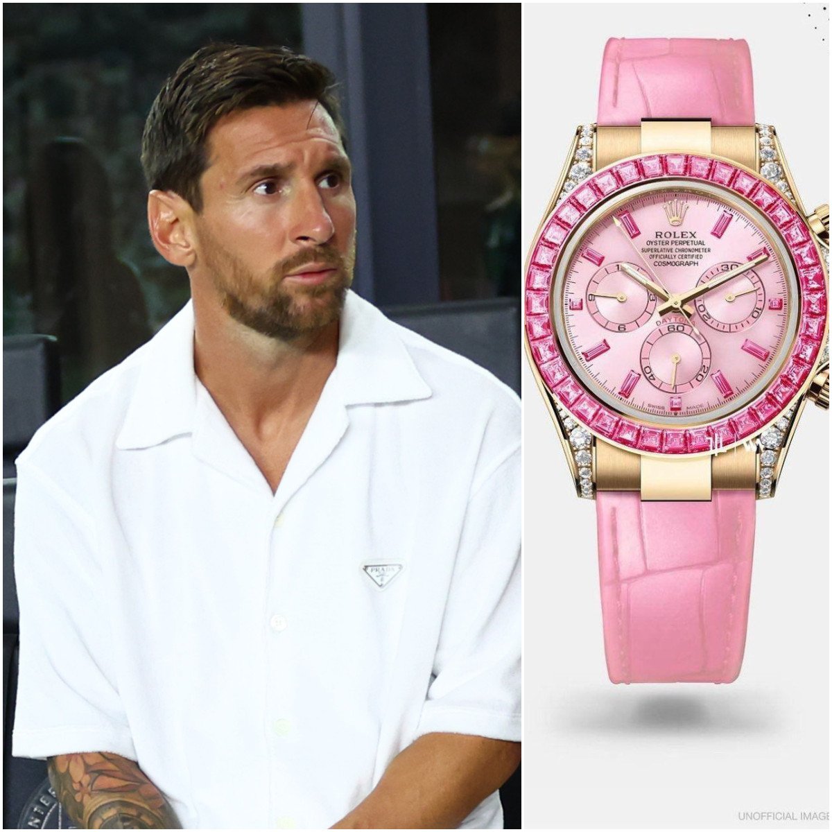 Lionel Messi boasts a flashy watch collection, including this limited edition “Barbie” Rolex Daytona. Photos: Getty Images, Handout