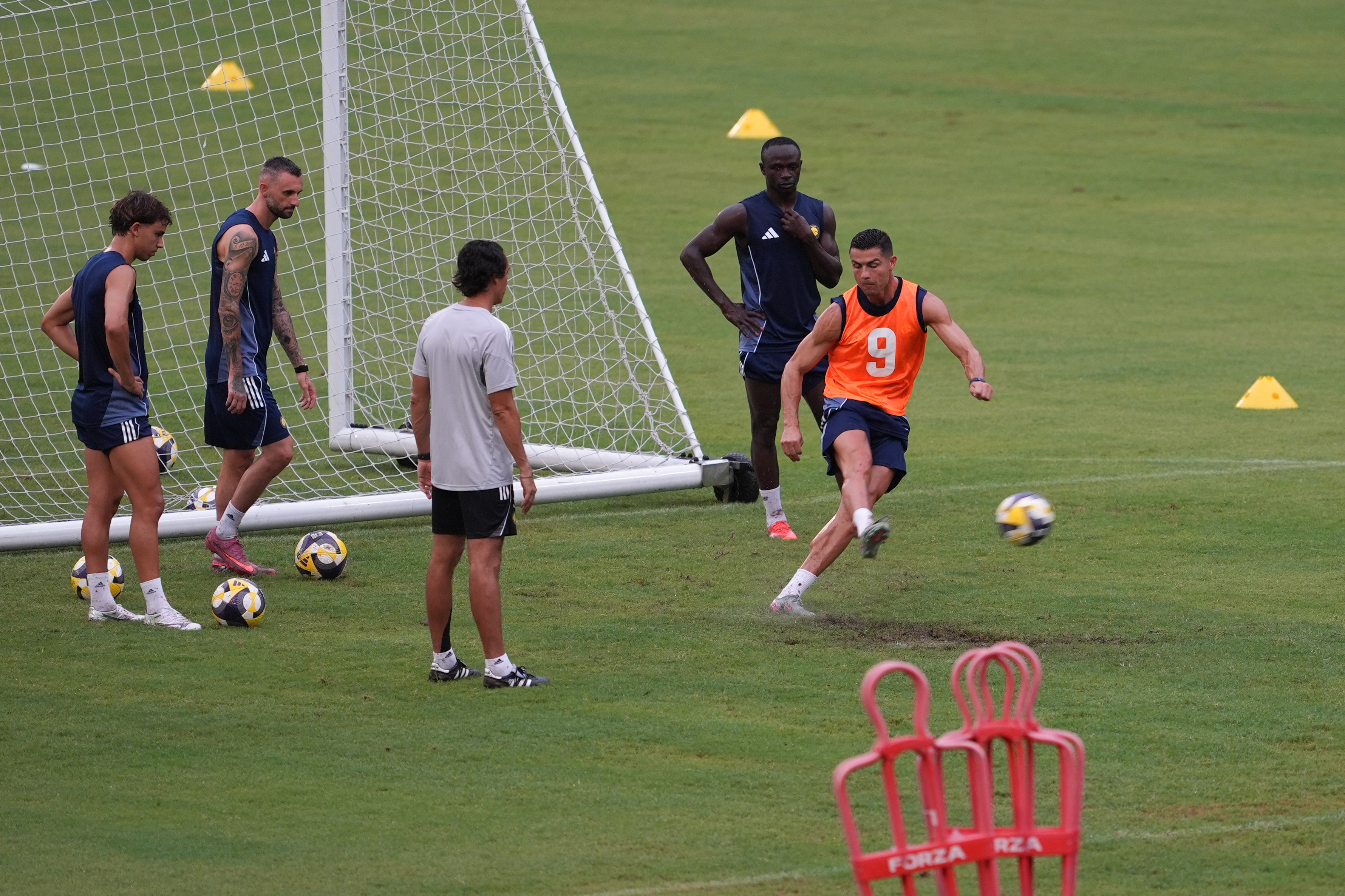 Al-Nassr players (from left) Joao Felix, Marcelo Brozovic, Cristiano Ronaldo and Sadio Mane during a training session. Photo: Eugene Lee