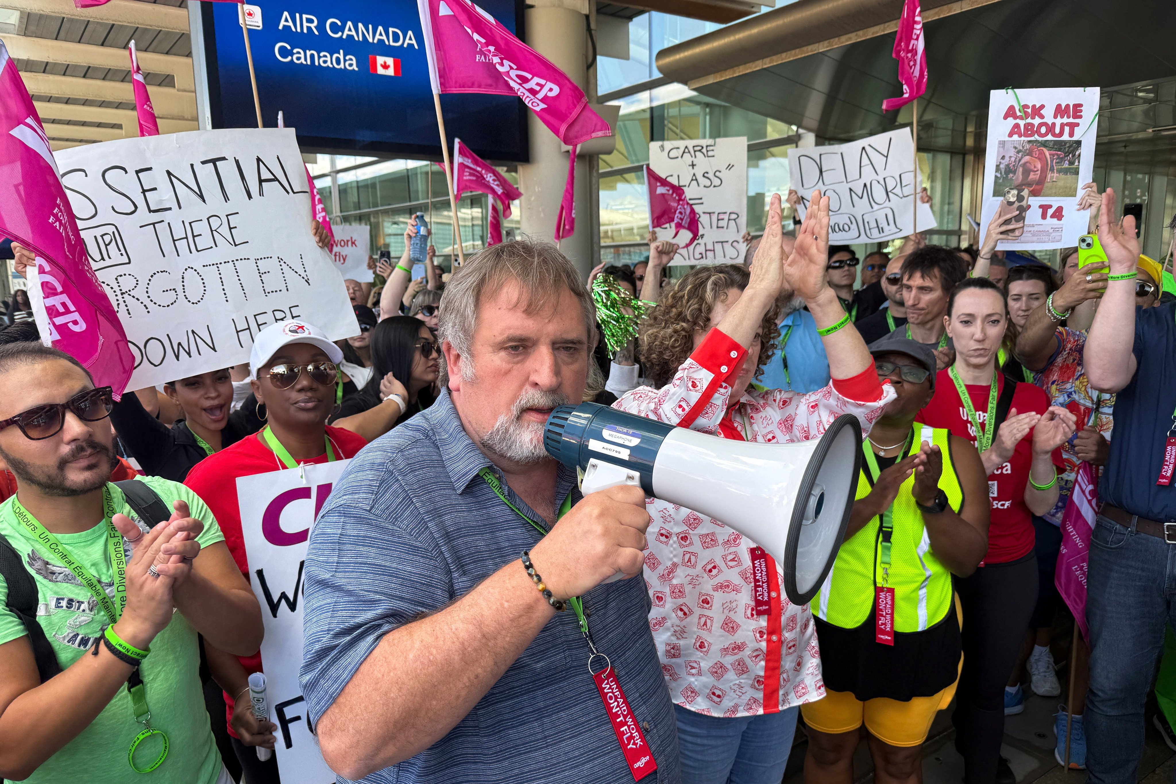 Mark Hancock, National President of the Canadian Union of Public Employees (CUPE), on the picket line with striking Air Canada flight attendants at Toronto Pearson International Airport in Mississauga, Ontario, on Monday. Photo: Reuters