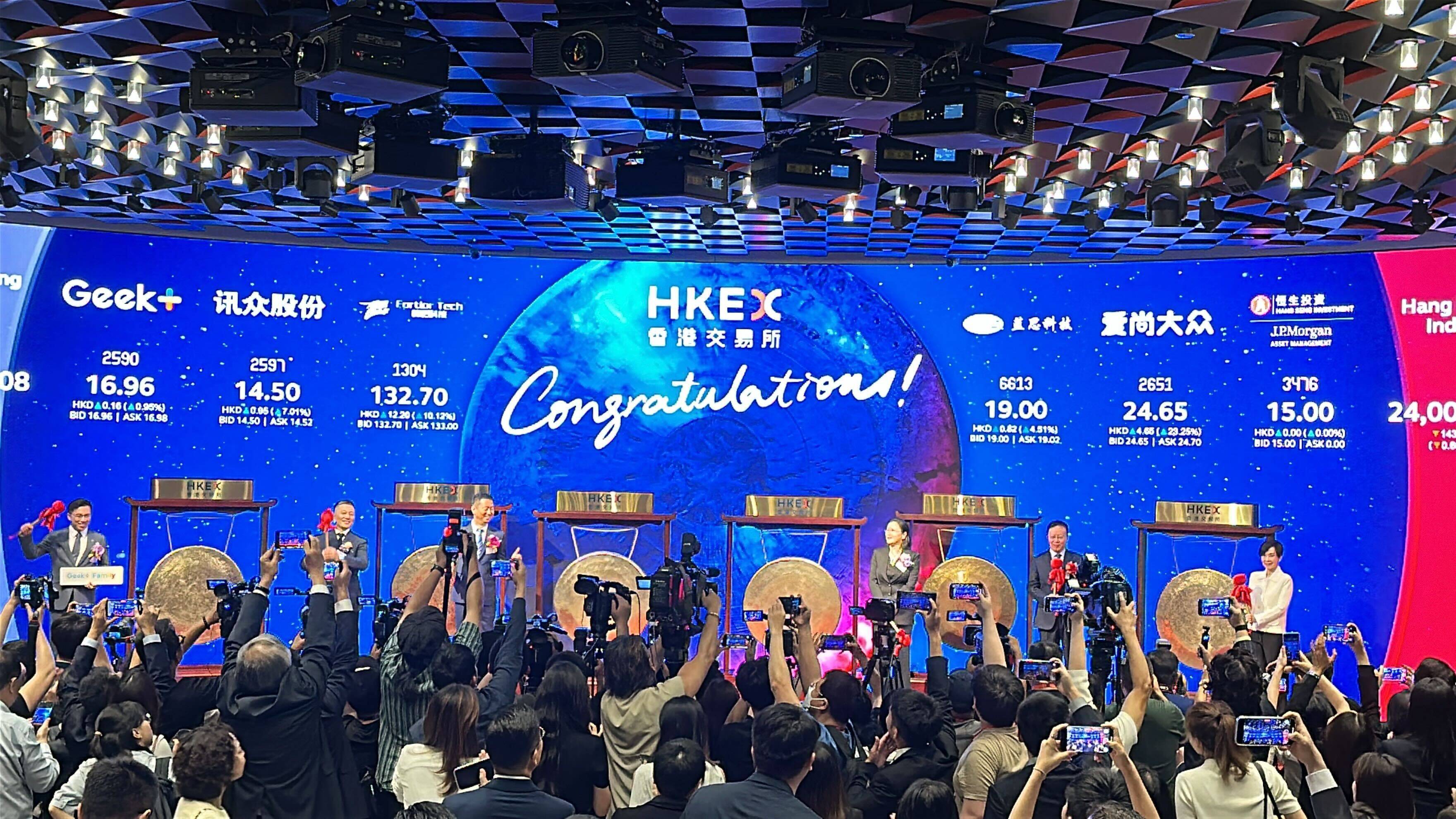 Five companies celebrate their trading debuts in Hong Kong on July 9, 2025. Photo: Aileen Chuang