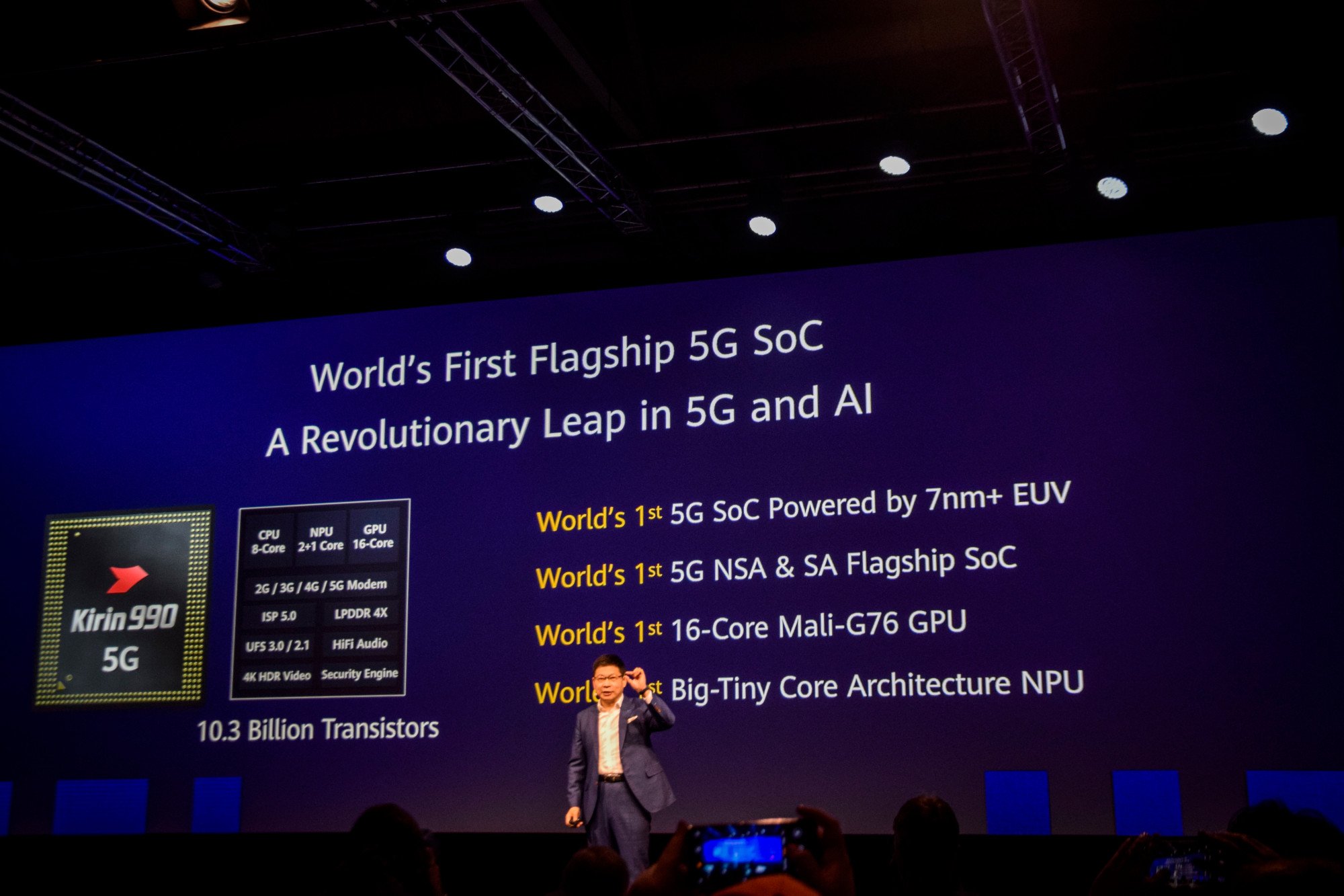 Huawei Technologies' Richard Yu Chengdong presents the Kirin 990 5G system-on-a-chip at the IFA industrial trade show in Berlin on September 6, 2019. Photo: Shutterstock