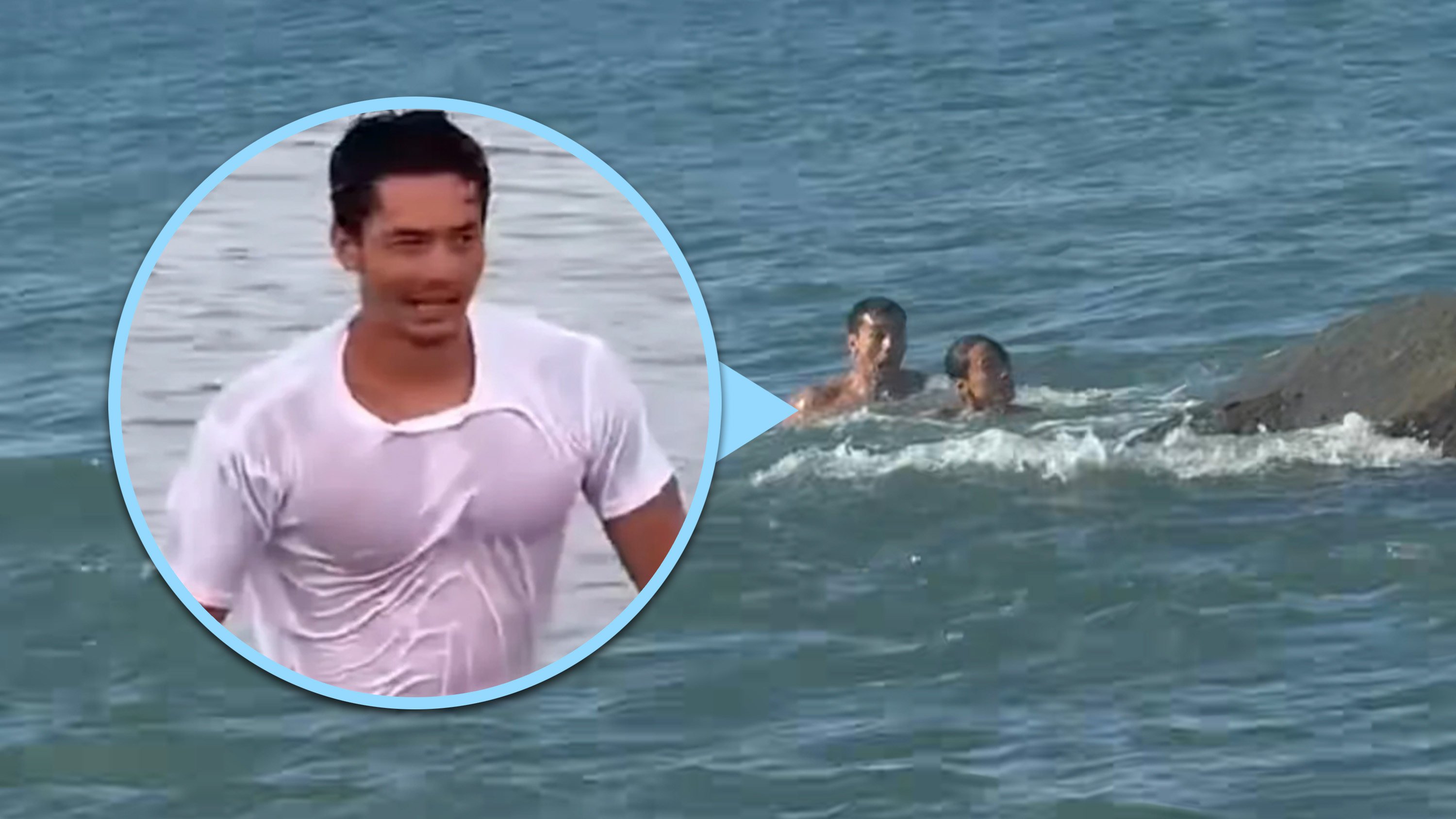 A Chinese police officer leaped into the sea to rescue a man in distress, and a photograph of him emerging from the water in a wet T-shirt quickly went viral. Photo: SCMP composite/Douyin