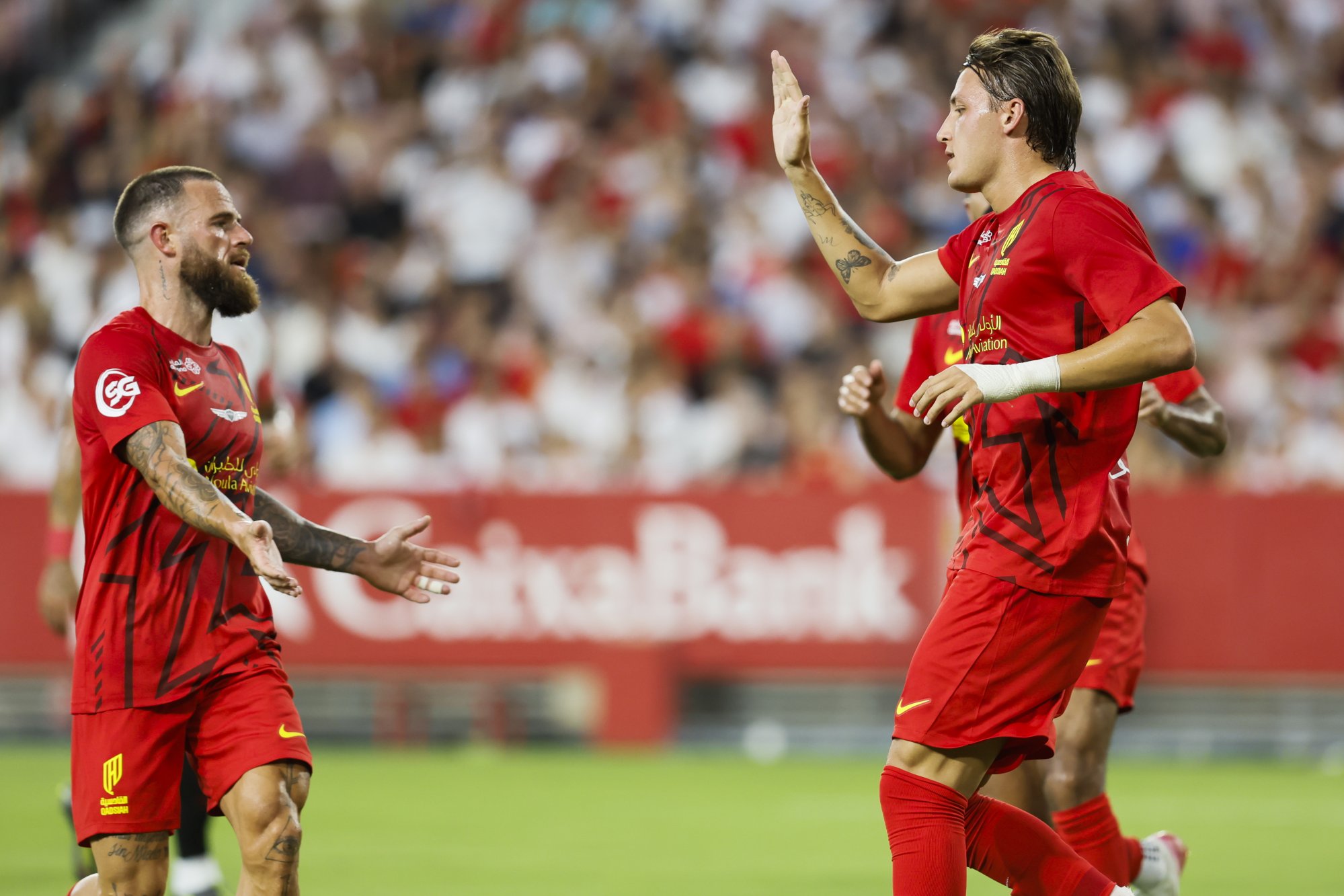 New Al-Qadsiah striker Mateo Retegui enjoys scoring in a friendly against Sevilla this month. Photo: EPA