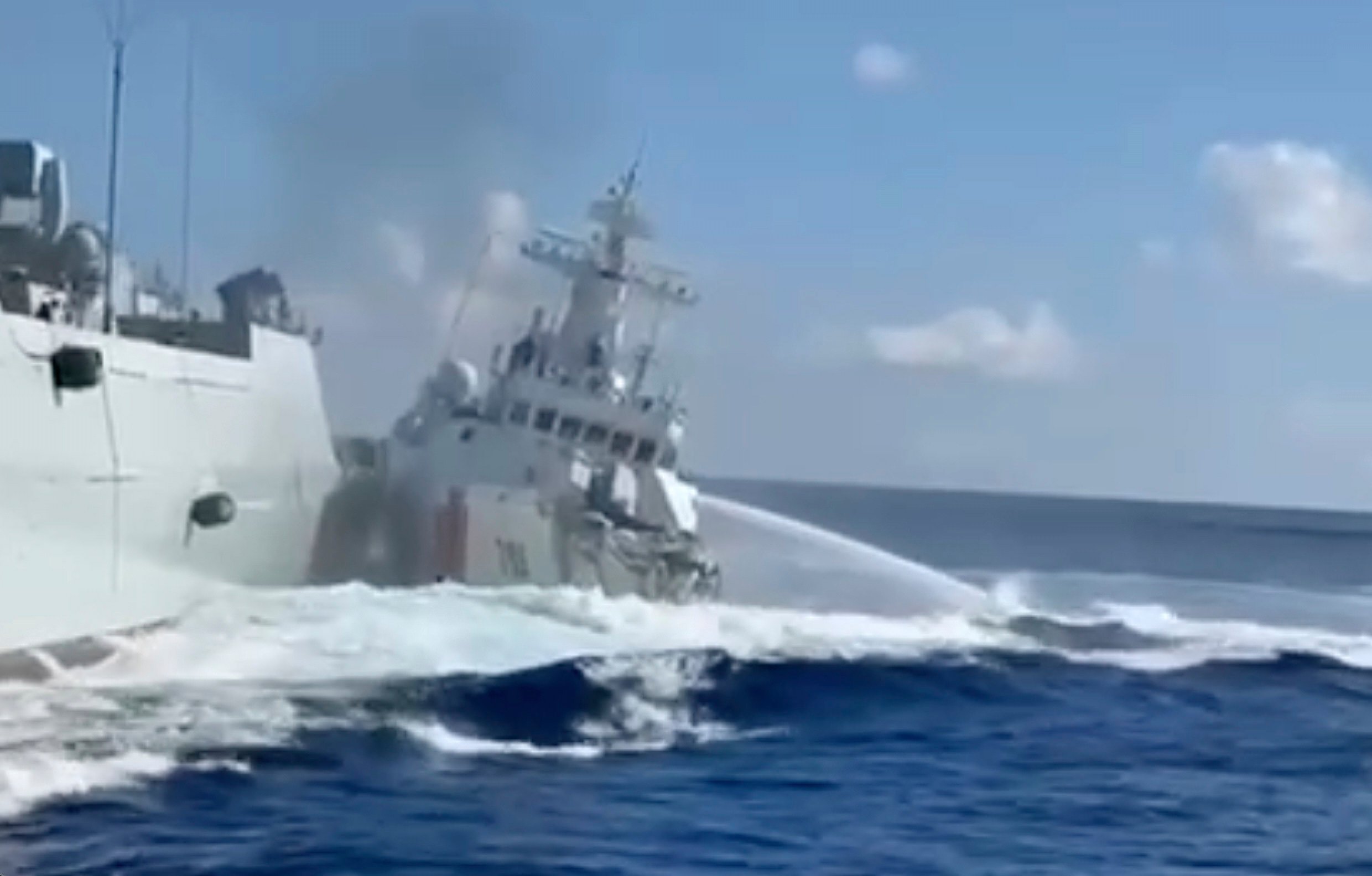 Screen grab from Philippine coastguard footage showing the purported collision between Chinese coastguard and military vessels near the disputed Scarborough Shoal. Photo: Handout