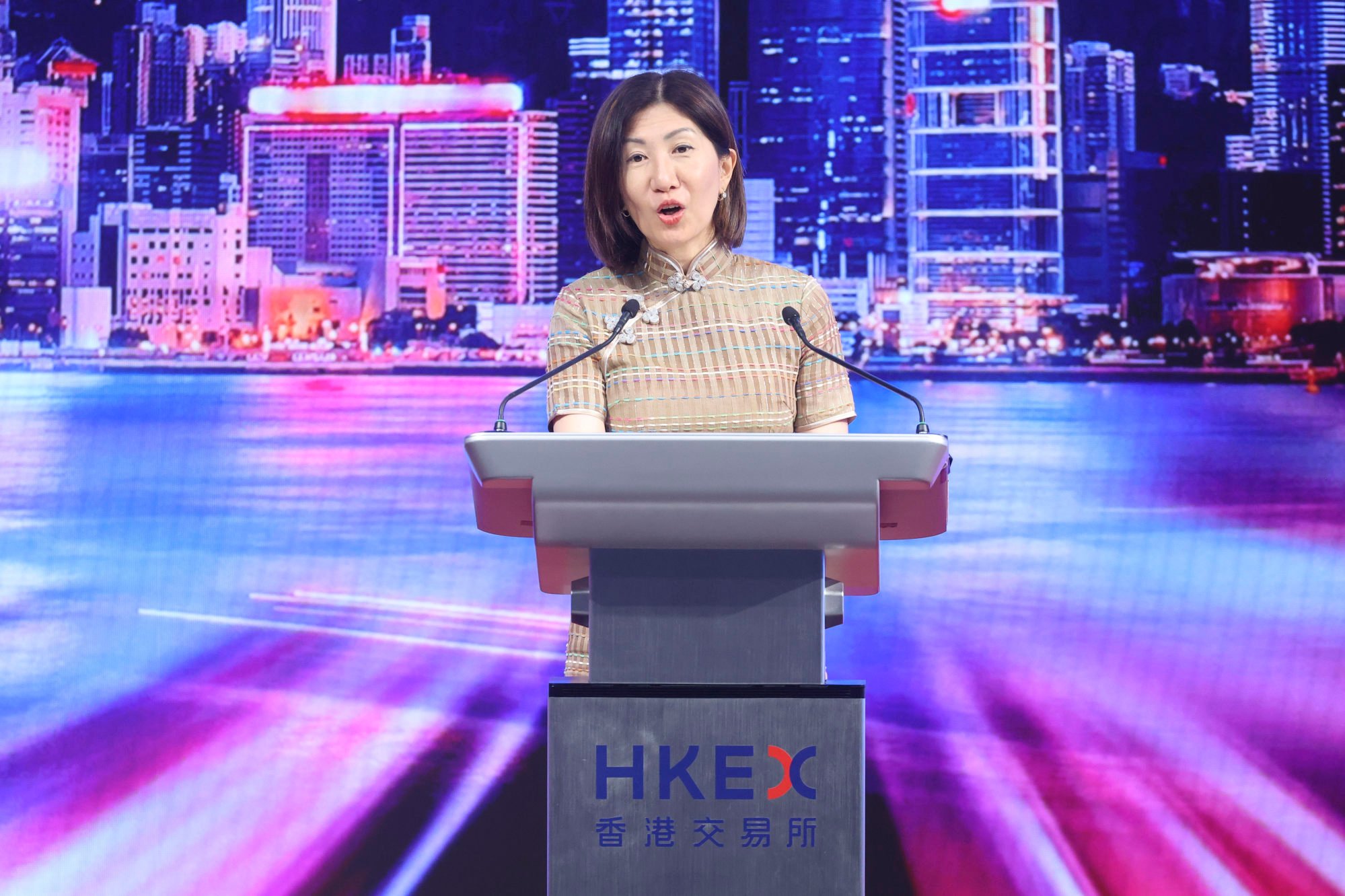 HKEX CEO Bonnie Chan Yiting attends the launch ceremony of a new service on the Integrated Fund Platform at the HKEX Connect Hall in Central on July 3. Photo: Edmond So
