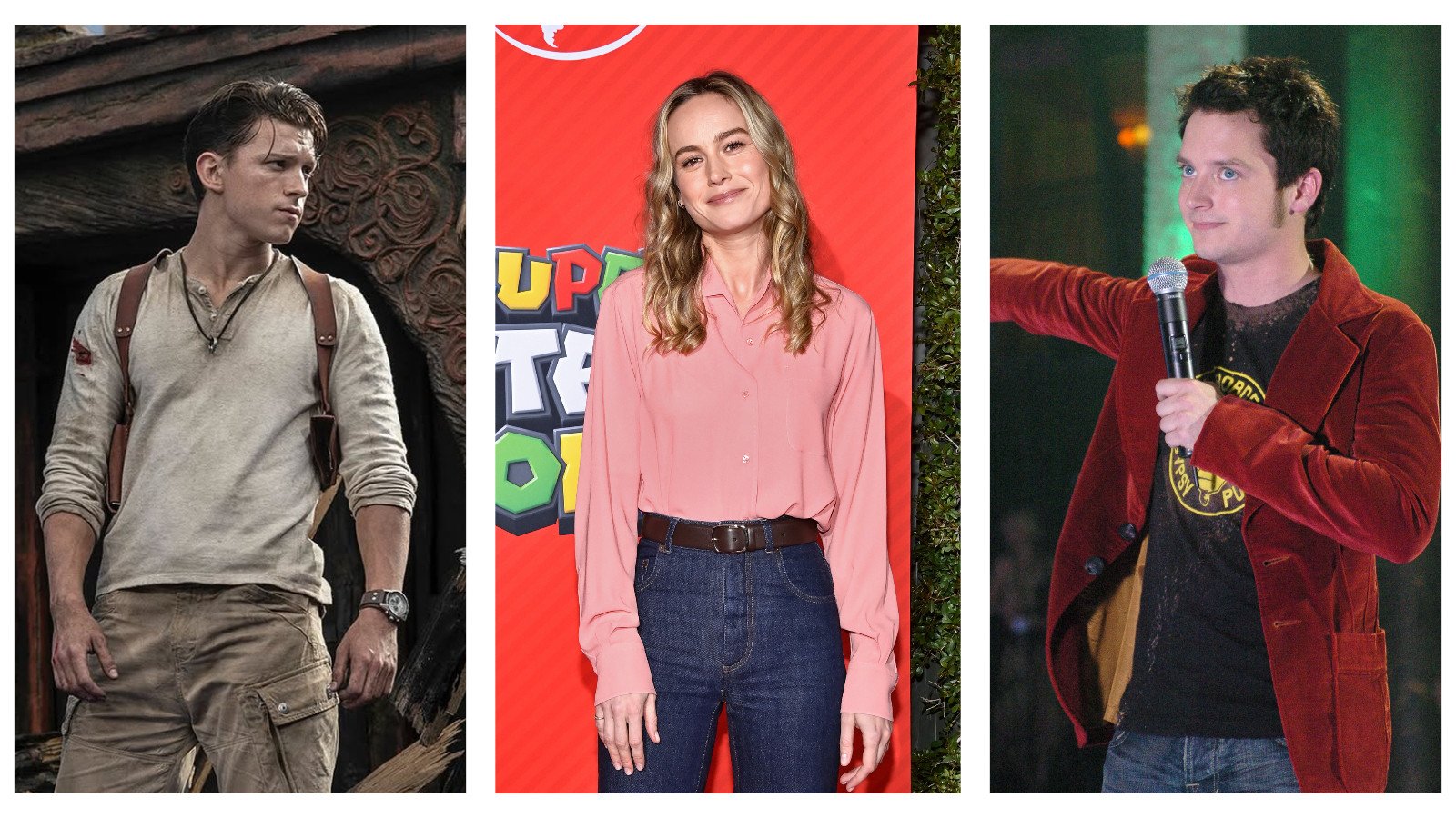Tom Holland, Brie Larson and Elijah Wood are all video gaming fans. Photos: @unchartedmovie/Instagram, Getty Images