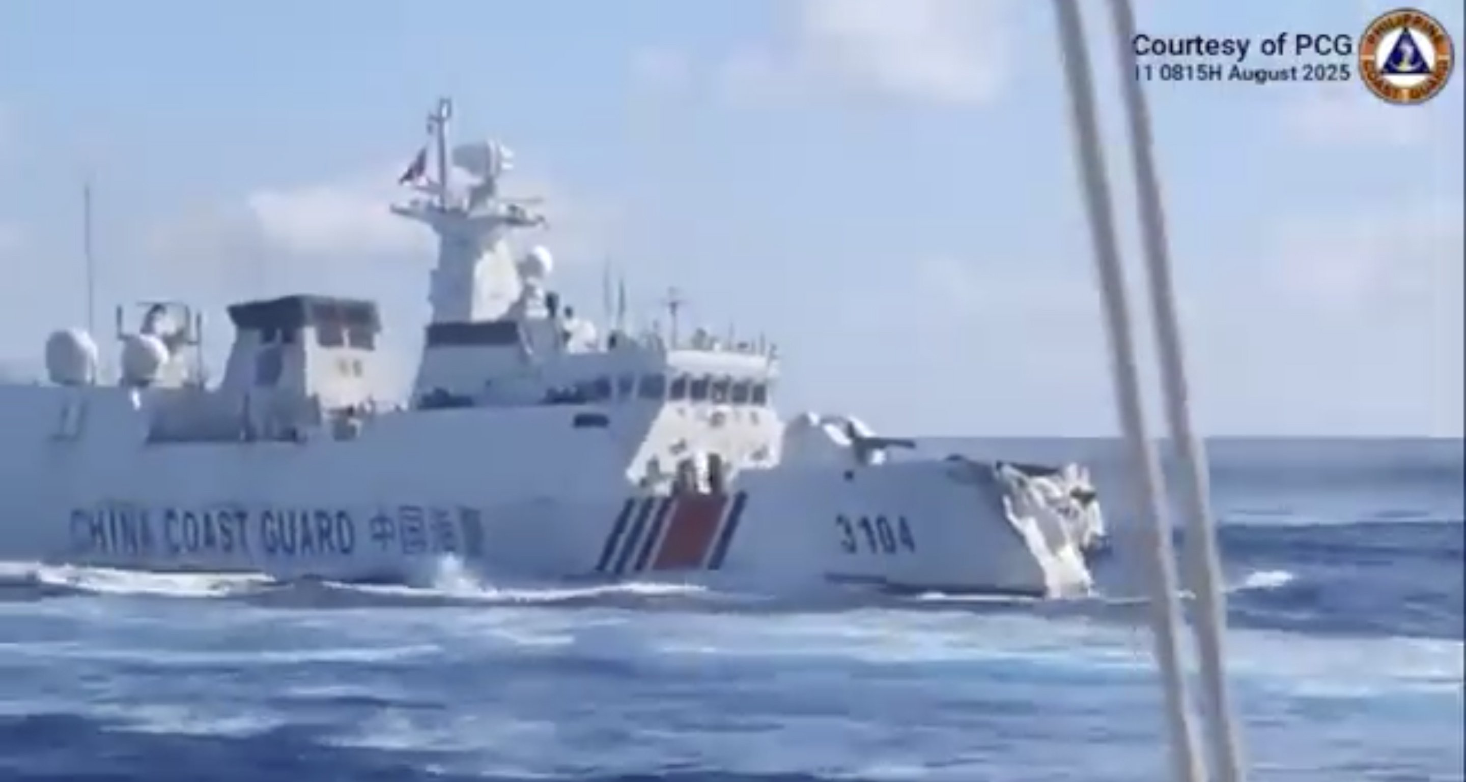 A Chinese coastguard vessel with a damaged bow after a collision with a Chinese navy vessel on August 11 near Scarborough Shoal in the South China Sea. Manila says the Philippine coastguard – not the navy – would continue to lead operations in the disputed waters. Photo: EPA
