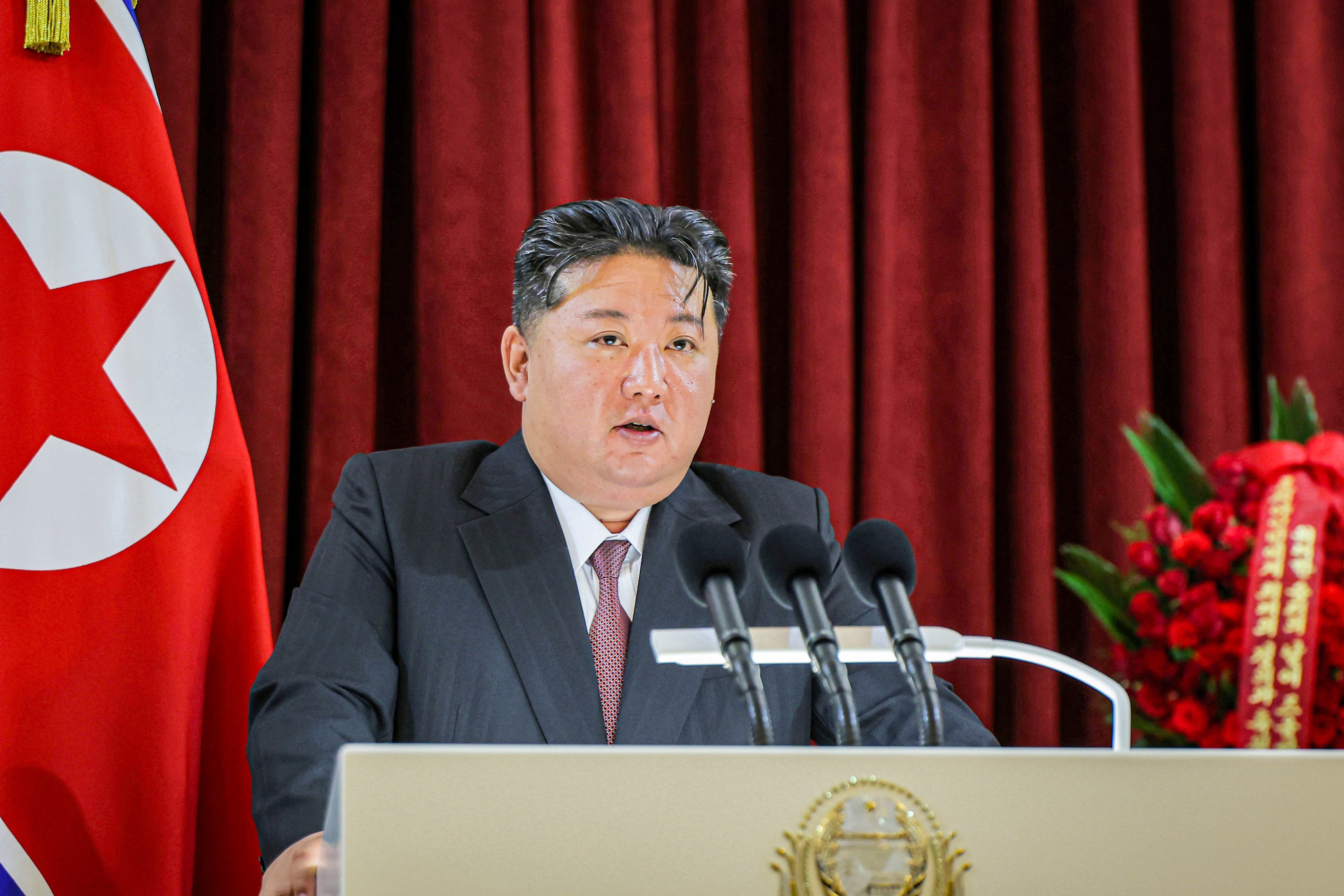 North Korean leader Kim Jong-un delivers a speech at the Russian embassy in Pyongyang to mark the 80th anniversary of the Soviet victory over Nazi Germany in World War II in May. Photo: KCNA handout via DPA