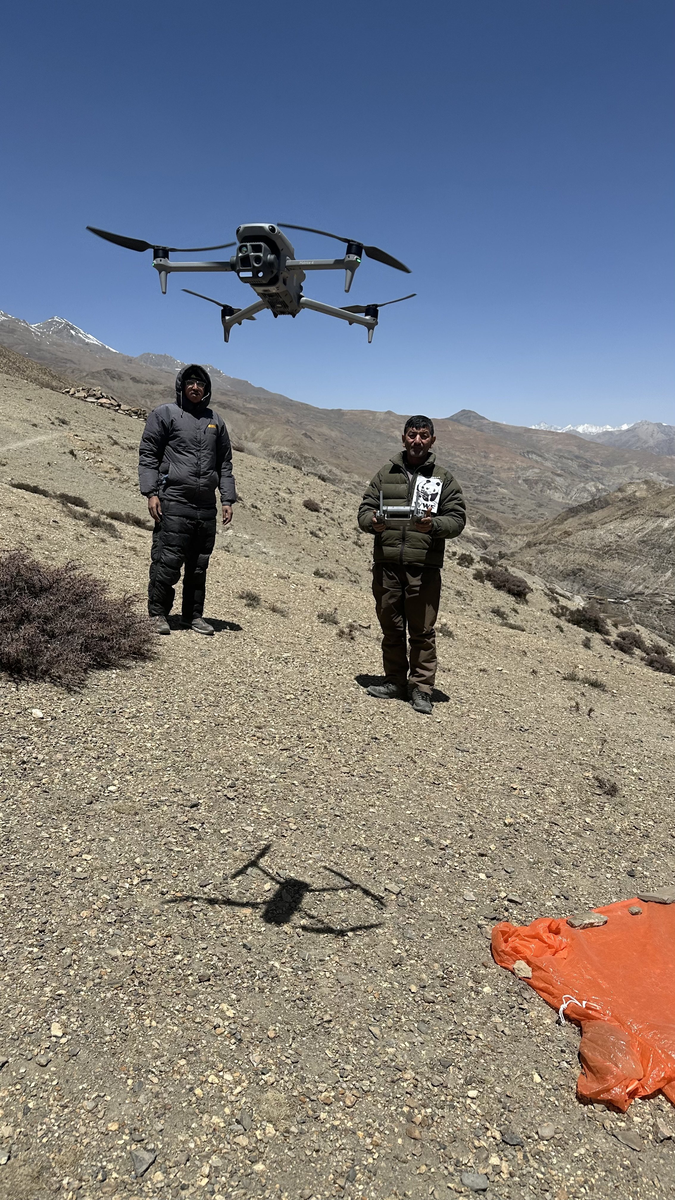 Gokarna Jung Thapa, head of geoinformatics and technology at WWF Nepal, operating a drone in Upper Dolpa. Photo: Gokarna Jung Thapa