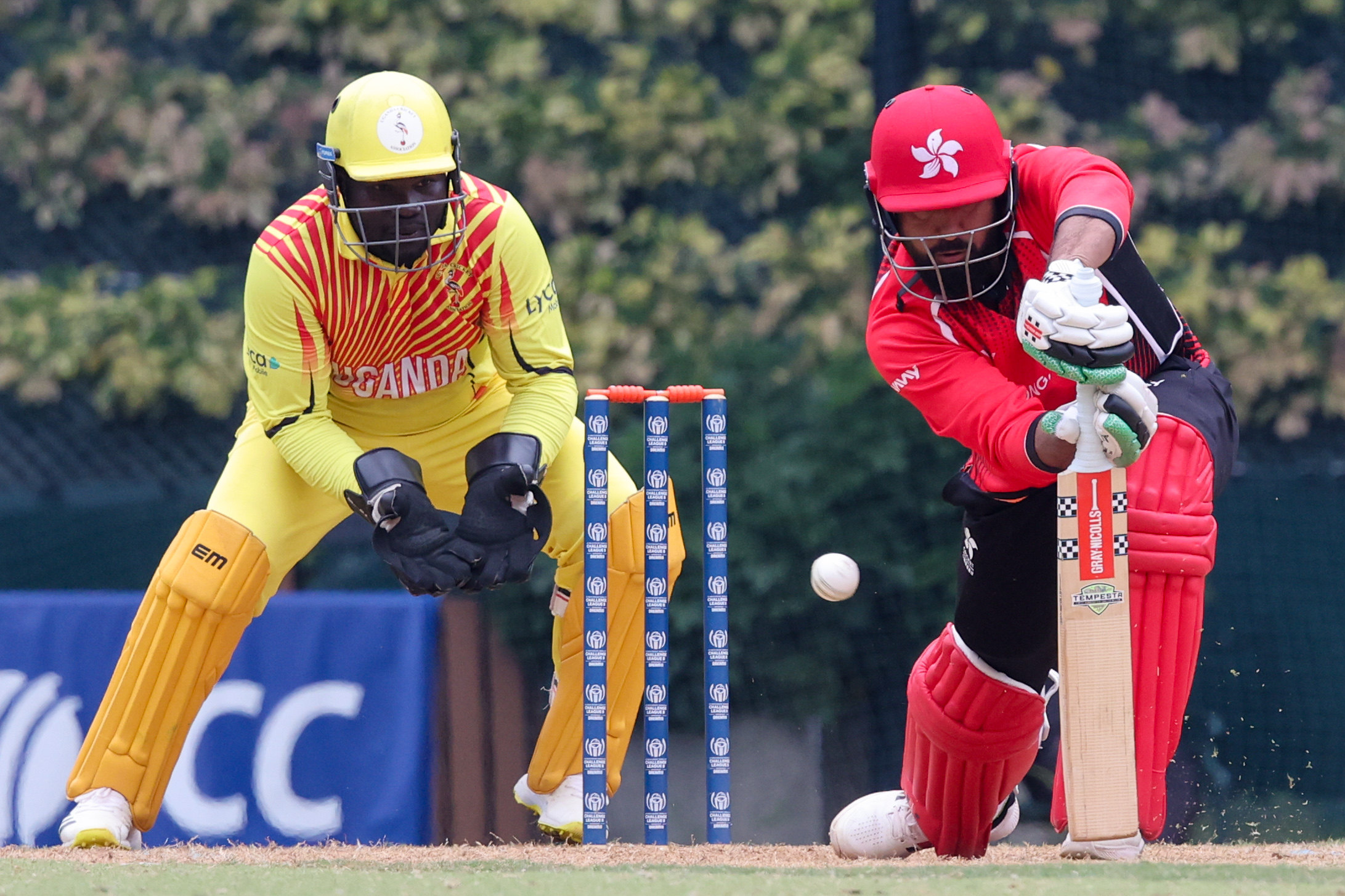 Hong Kong’s Nizakat Khan (right) bats against Uganda in a Cricket World Cup Challenge League B match at Kowloon Cricket Club in February. Photo: Dickson Lee