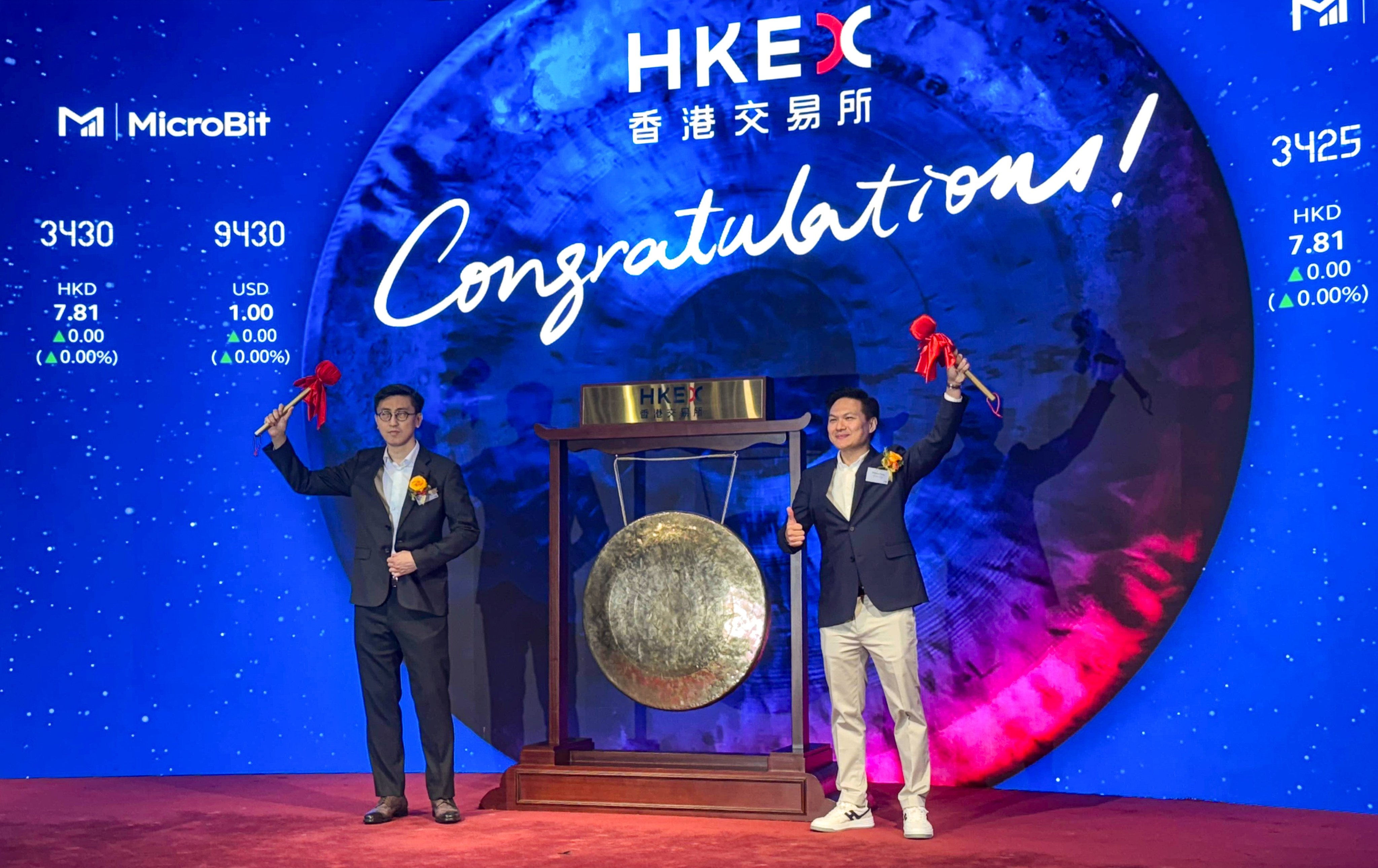 MicroBit Capital Management chief investment officer Kenny Khuong (left) and CEO Wilson Fung at the gong-striking ceremony on Thursday to launch trading of the ETFs. Photo: Julie Zhang