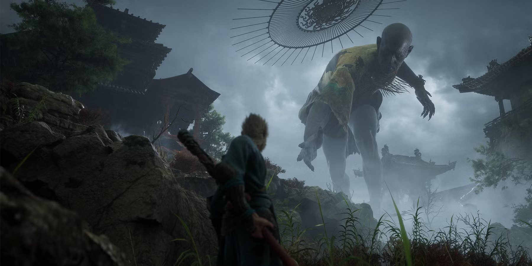 Wukong battles a giant boss enemy in the video game Black Myth: Wukong. Image: Game Science