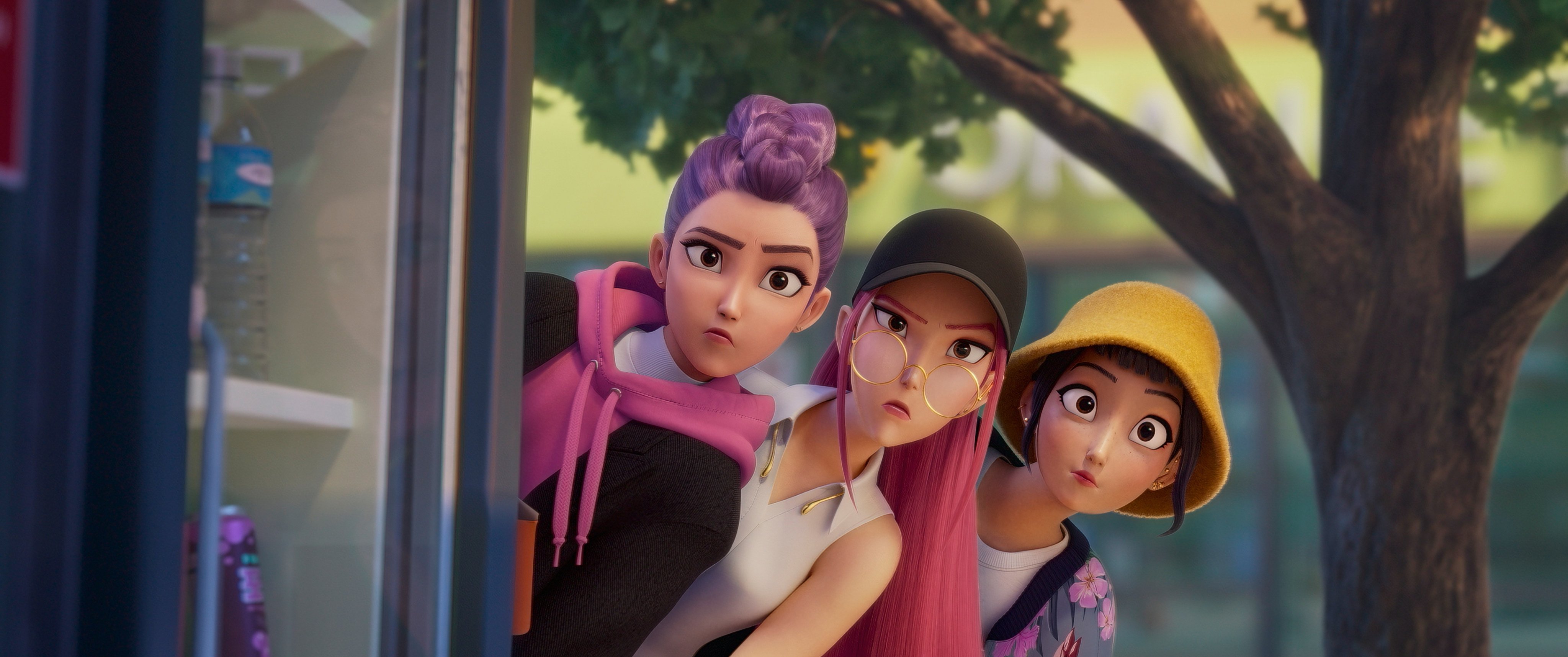 Huntr/x members (from left) Rumi, Mira, and Zoey in a scene from “KPop Demon Hunters”. Photo: Netflix/AP