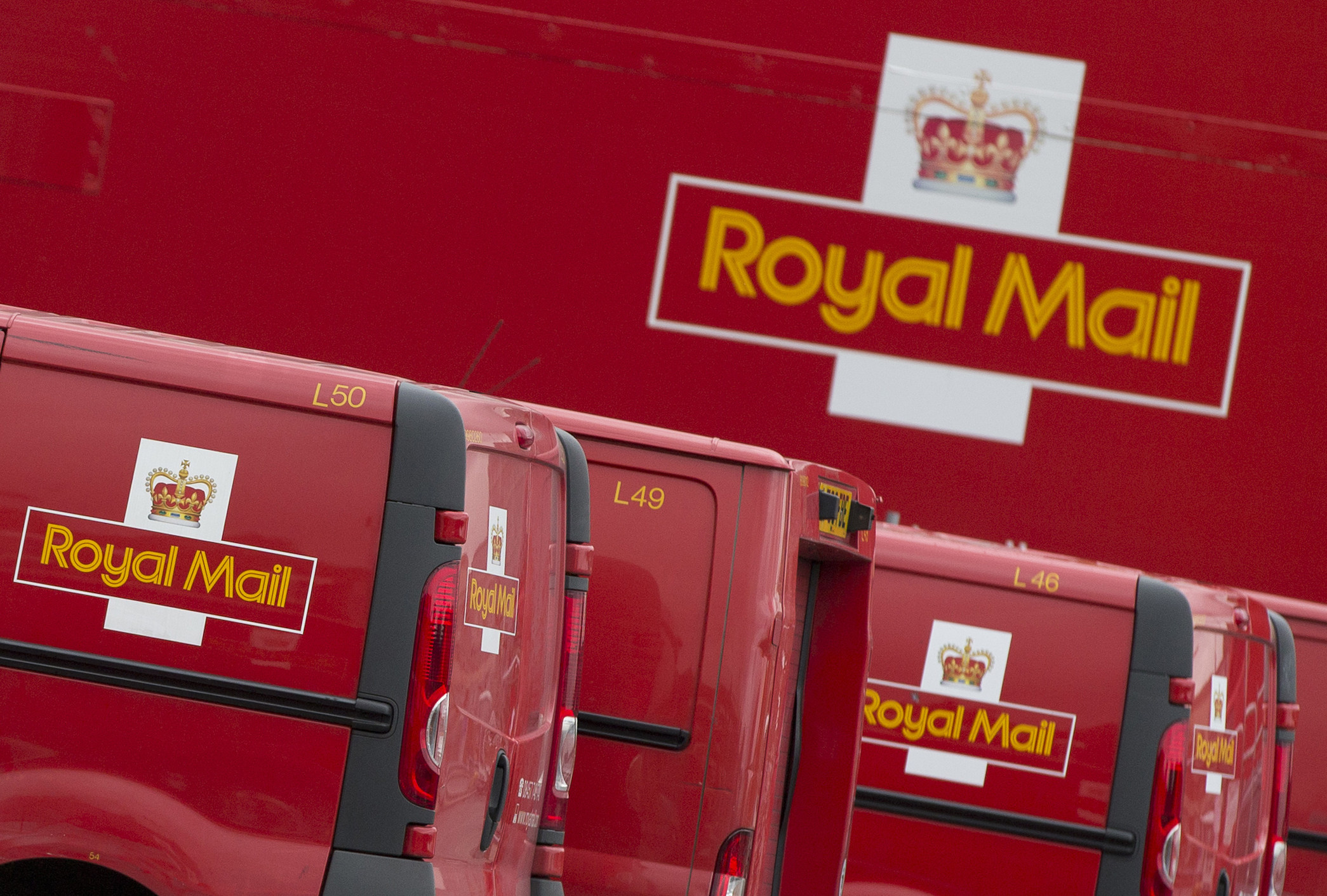Royal Mail vans line up at London’s largest sorting office, Mount Pleasant, in 2013. Photo: AP