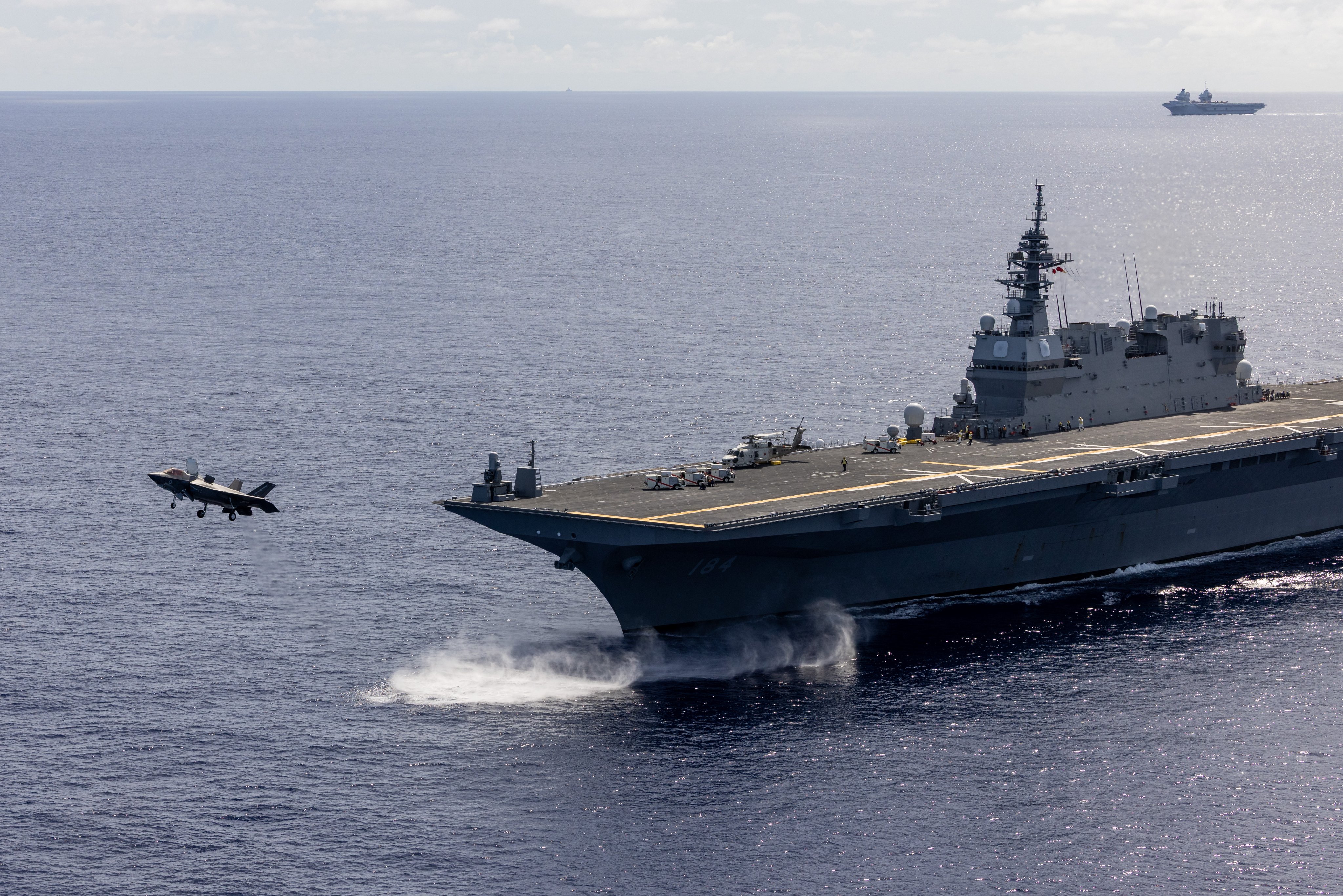 A British F-35B Lightning jet launches from the Japanese destroyer JS Kaga during a big deck exercise on August 8. Photo: AS1 Amber Mayall RAF