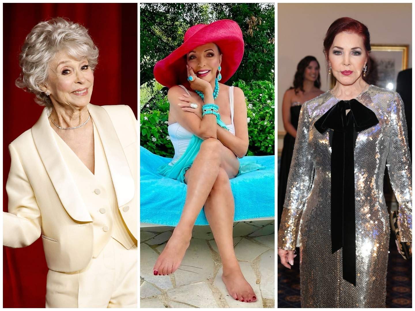 Rita Moreno, Joan Collins and Priscilla Presley are all over 80 but still looking fabulous. Photos: Getty Images, @joancollinsdbe/Instagram
