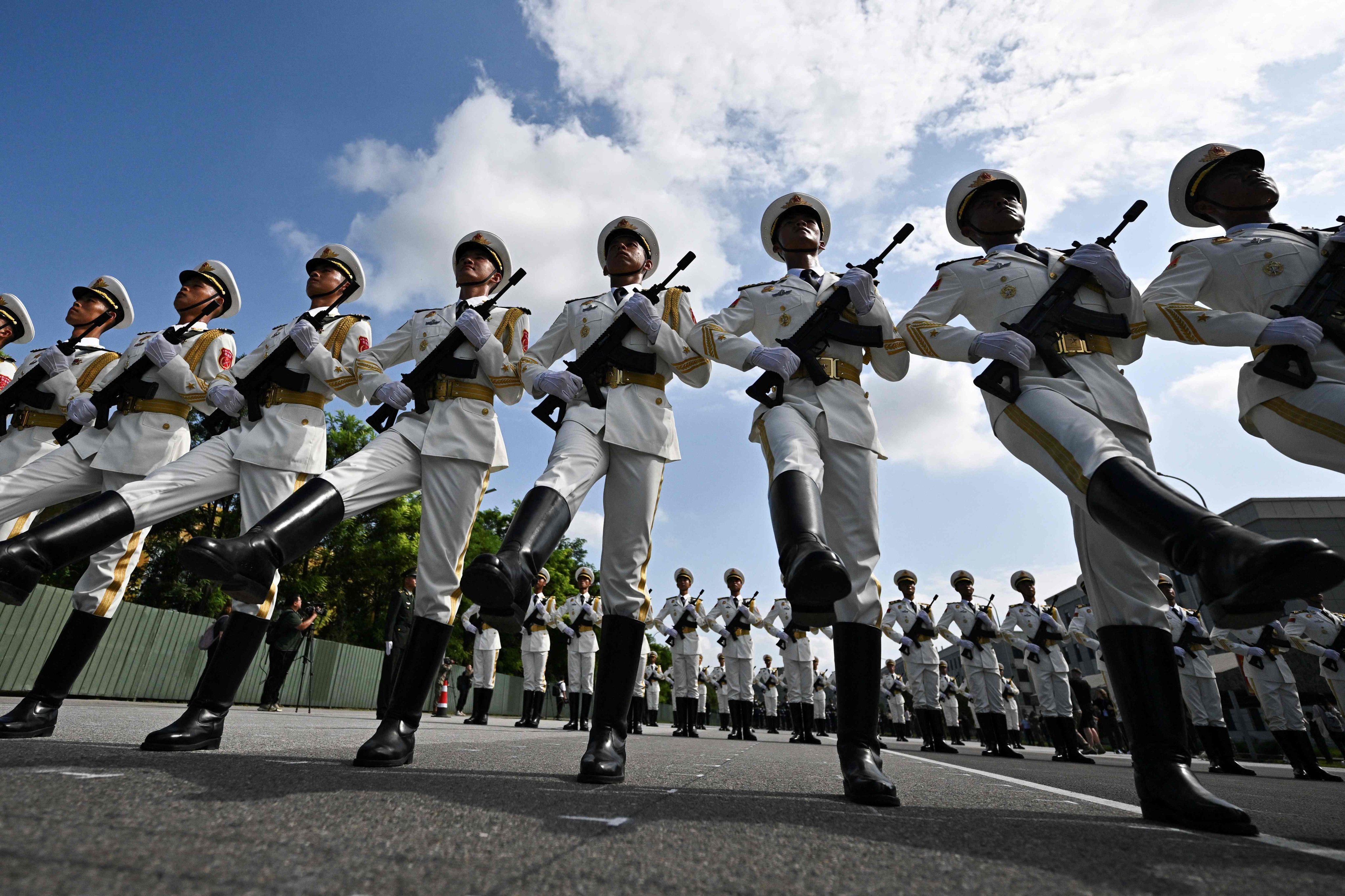 Chinese military personnel take part in a rehearsal ahead of the parade commemorating the 80th anniversary of the victory in the Chinese People’s War of Resistance Against Japanese Aggression and the World Anti-Fascist War, which will be held on September 3, in Beijing on August 20, 2025. Photo: AFP