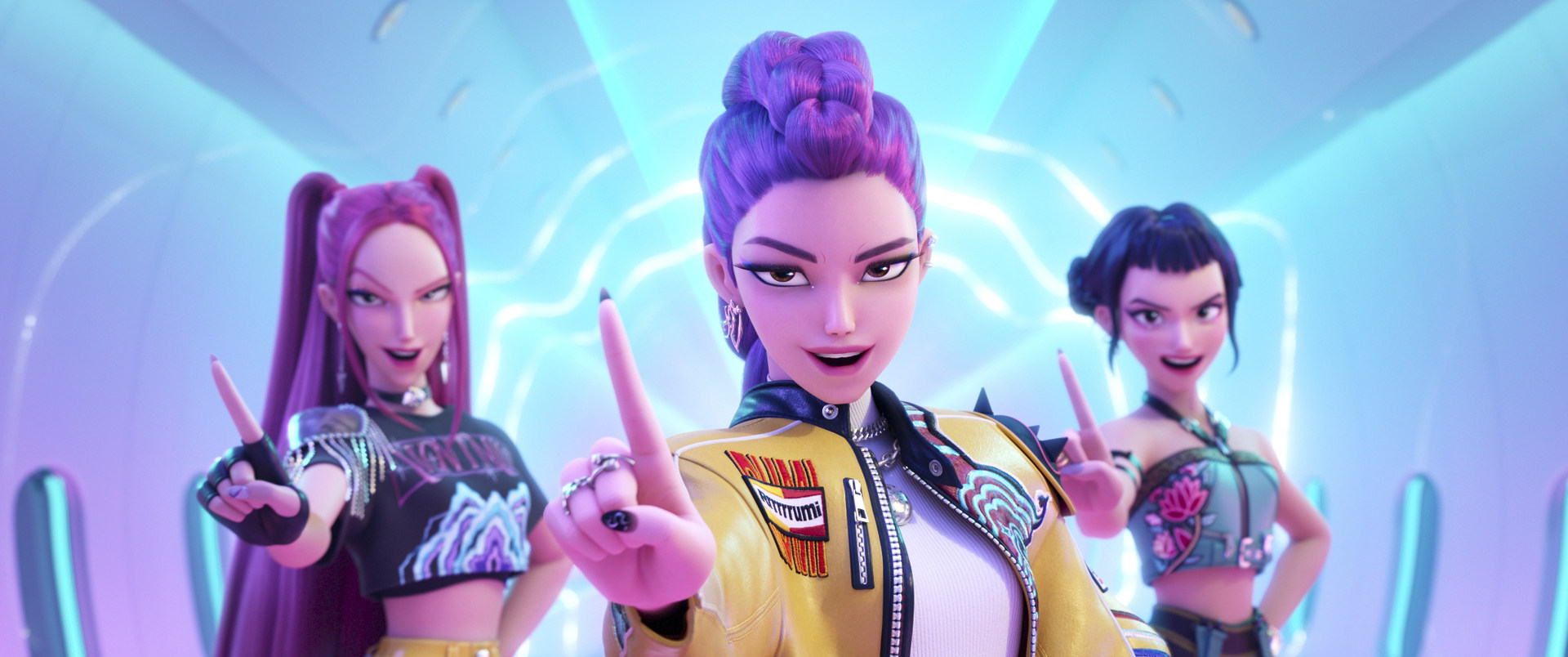 From left: Mira, Rumi and Zoey in a screen grab from KPop Demon Hunters. Photo: AP