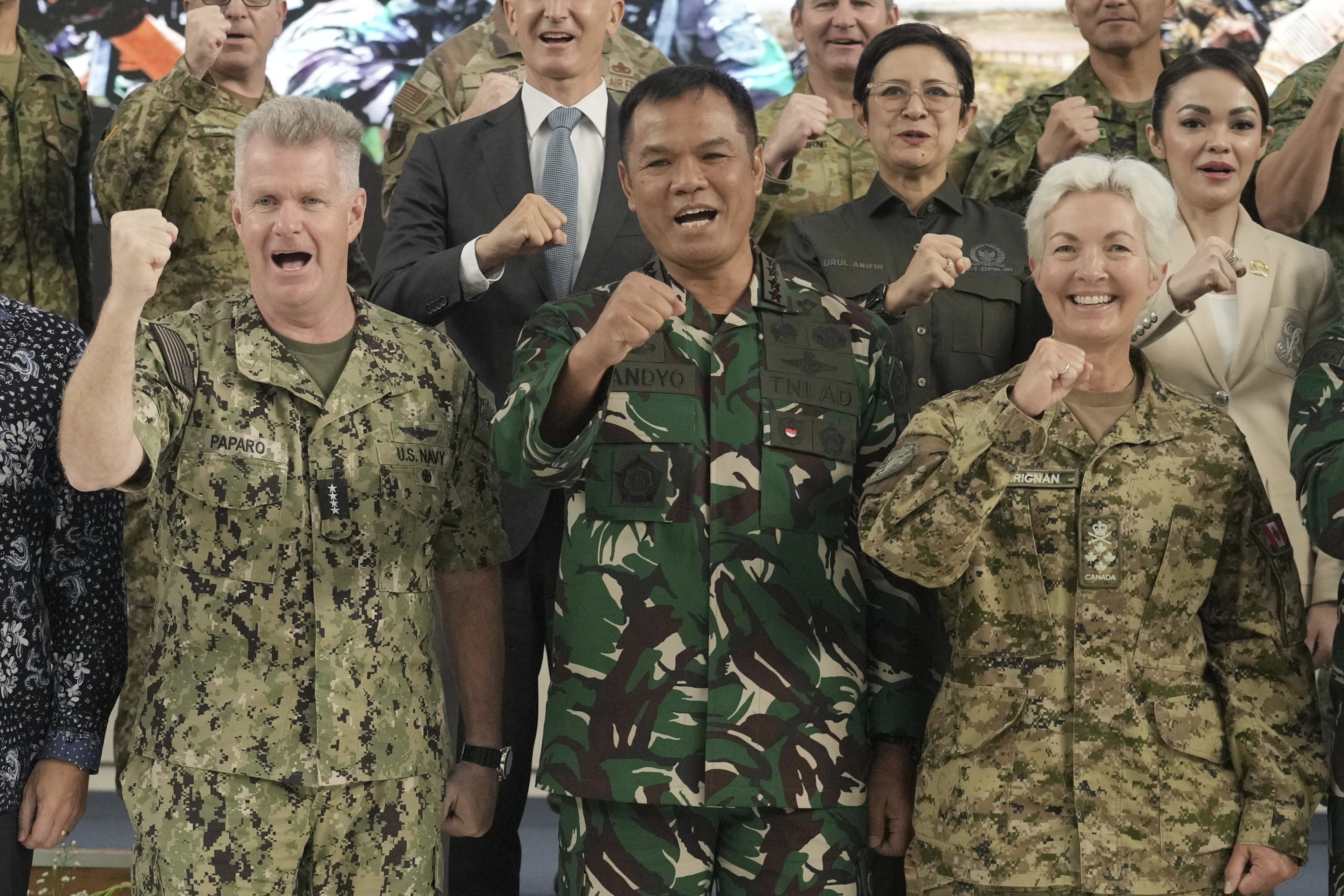 Military chiefs from the US, Indonesia and Canada at the opening ceremony of the “Super Garuda Shield” drills on Monday. Photo:AP