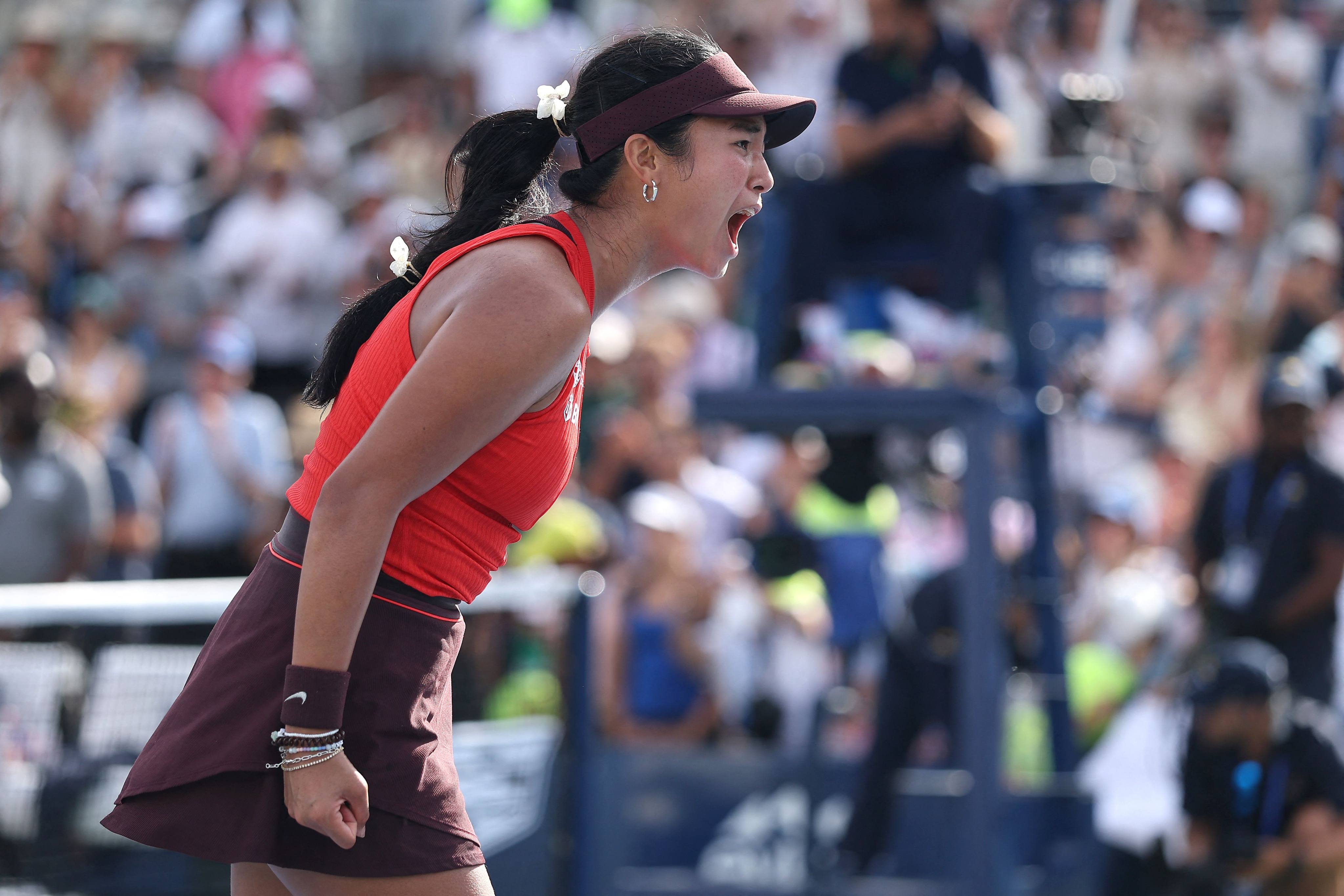 Alexandra Eala celebrates after earning a historic first-round victory over Clara Tauson in the US Open. Photo: Getty Images via AFP