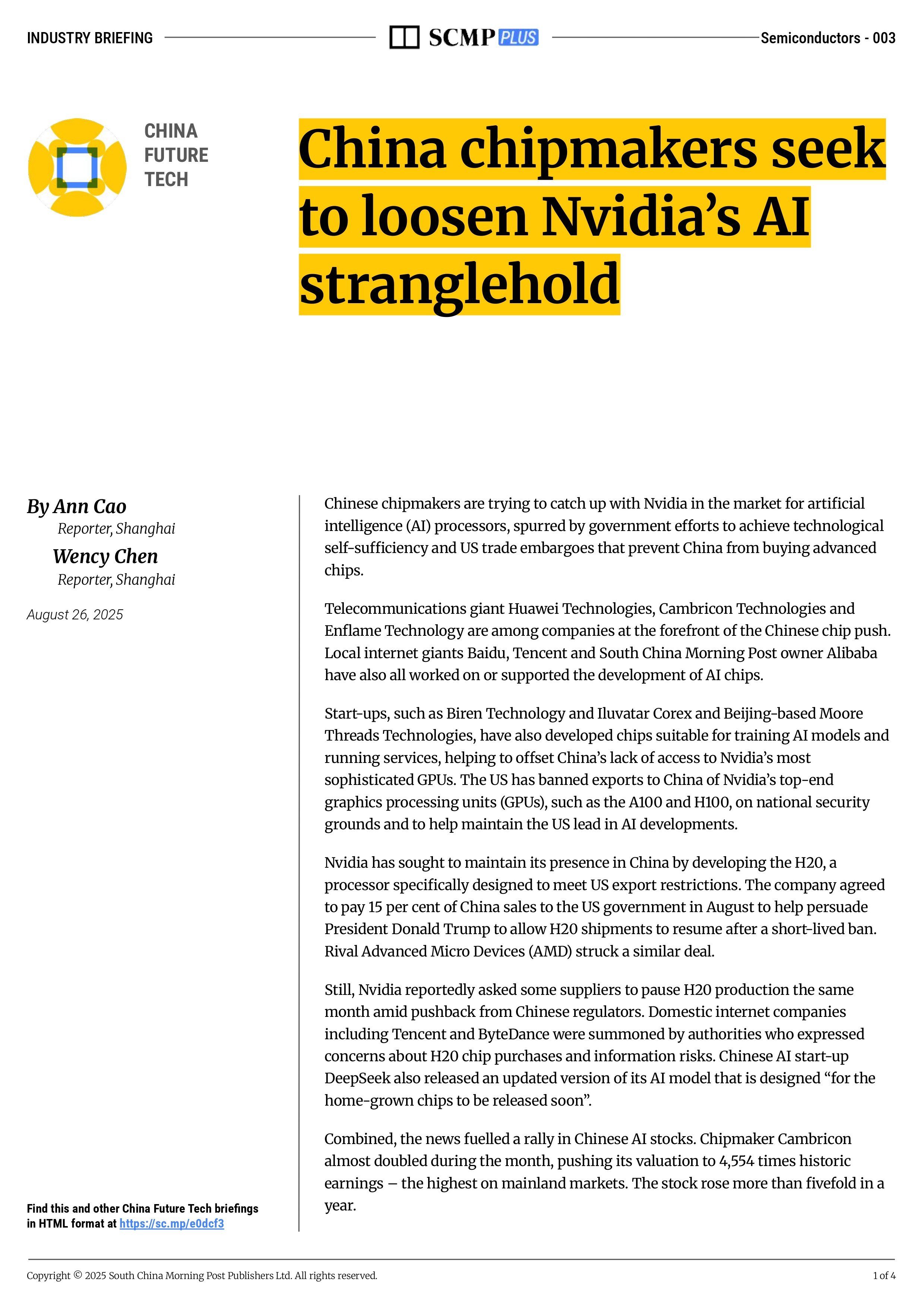 China chipmakers seek to loosen Nvidia’s AI stranglehold