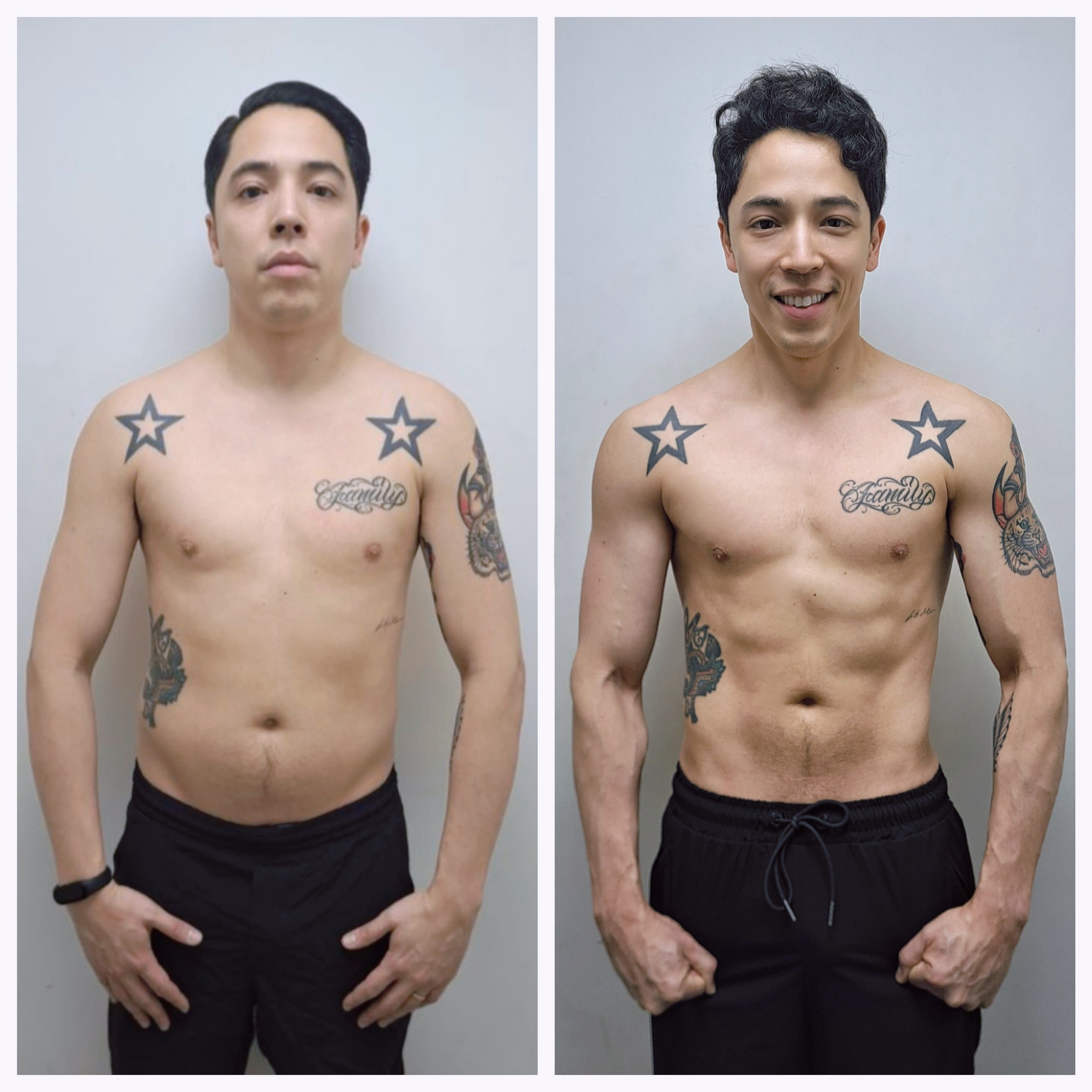 Ryan Merszei in April 2024 (left) weighing 73kg and with 25 per cent body fat, and 11 months later at 64kg and 13 per cent body fat after quitting alcohol, following an exercise programme and changing his diet. Photo: Ryan Merszei