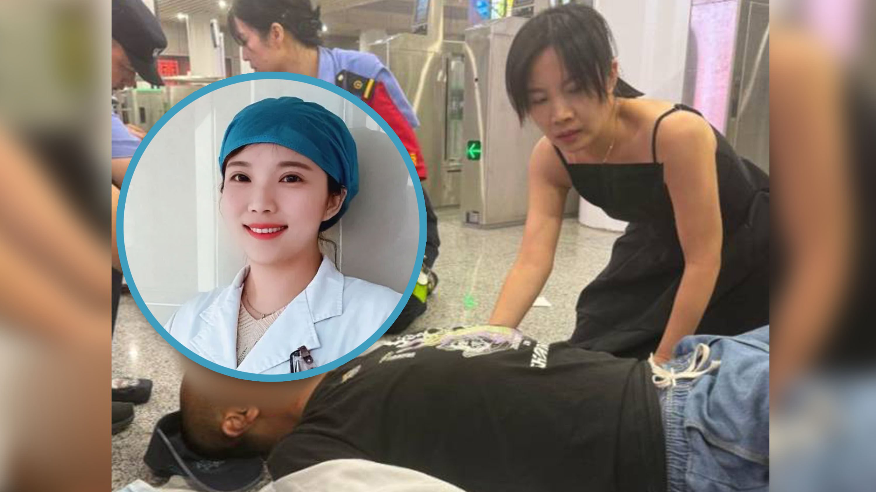 A Chinese nurse has saved a man having an epileptic seizure at a railway station after she rushed to help, leaving her children behind. Photo: SCMP composite/Douyin