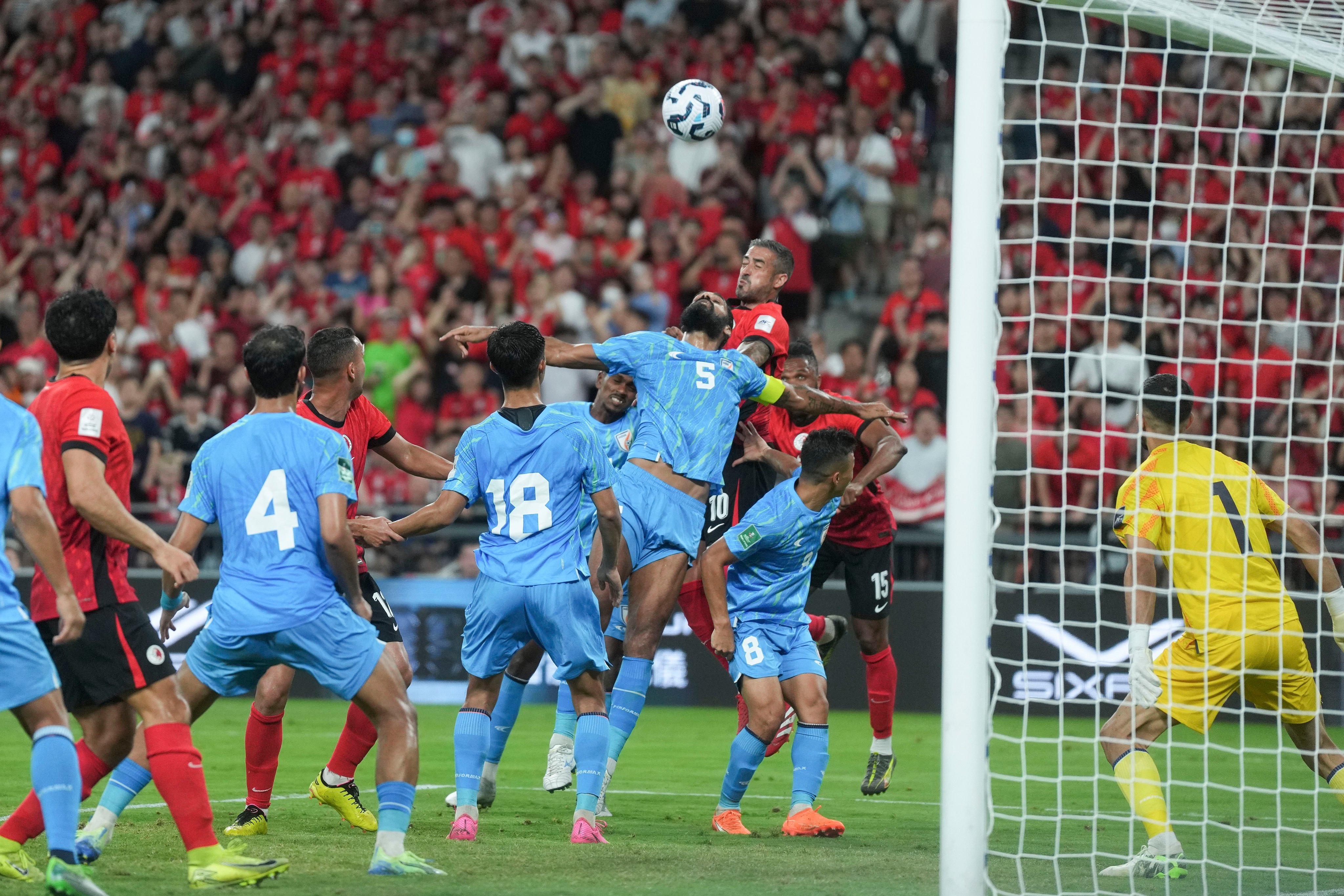 India players (blue) during their Asia Cup qualifying clash with Hong Kong at Kai Tak Stadium in June. Photo: Elson Li