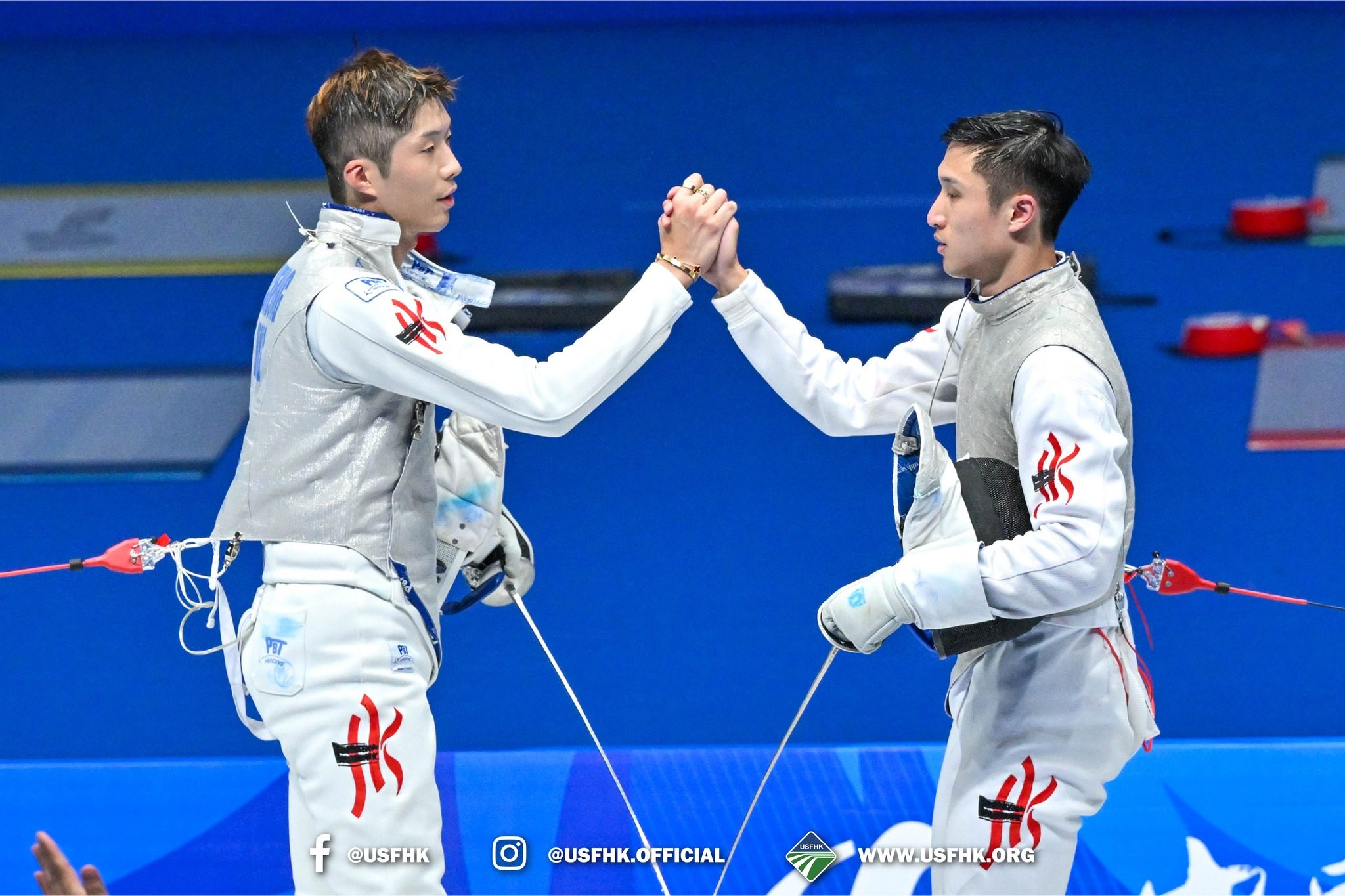 Hong Kong fencing stars Cheung Ka-long (left) and Ryan Choi at the World University Games in Chengdu in 2023. Photo: USFHK