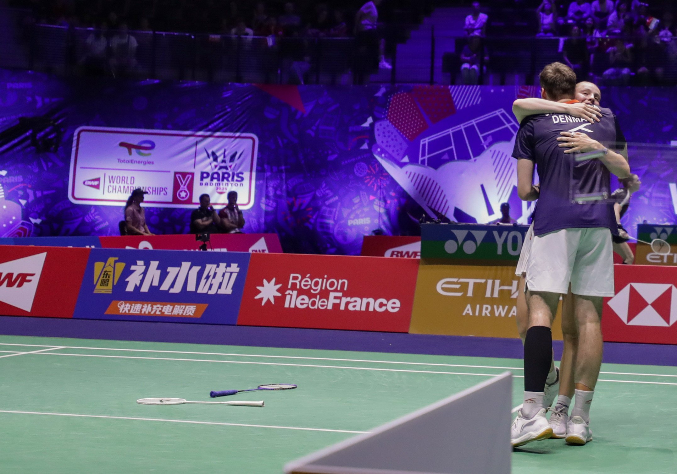 Denmark’s Mathias Christiansen and Alexandra Boje celerate after beating Feng Yanzhe and Huang Dongping at the BWF World Championships. Photo: Xinhua