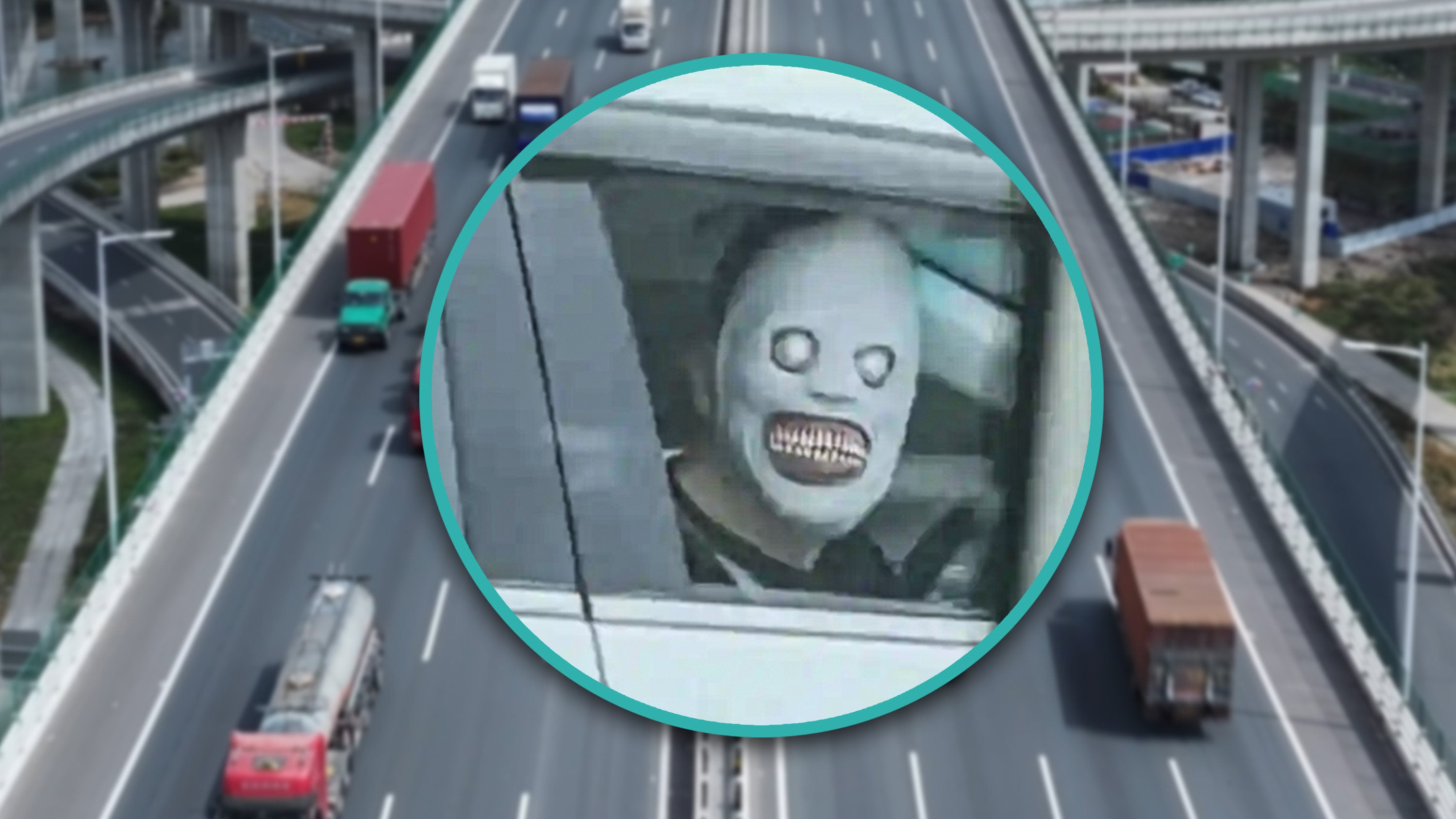 A foreign teacher in China who wore a scary mask while looking out of a car window on a highway could  face legal penalties. Photo: SCMP composite/Shutterstock/Baidu