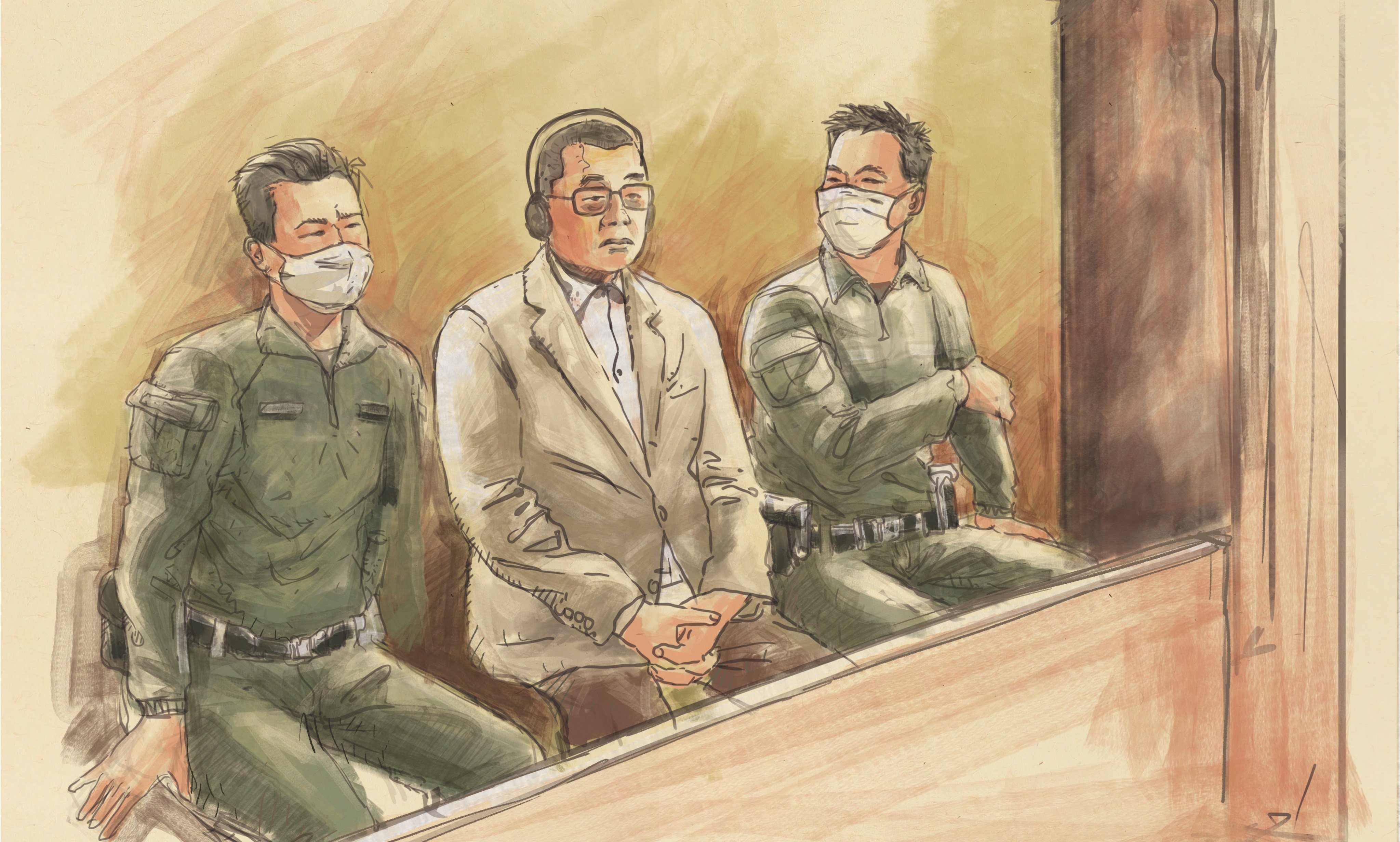 An artist’s sketch of Jimmy Lai in court on Thursday. Illustration: Victor Sanjinez