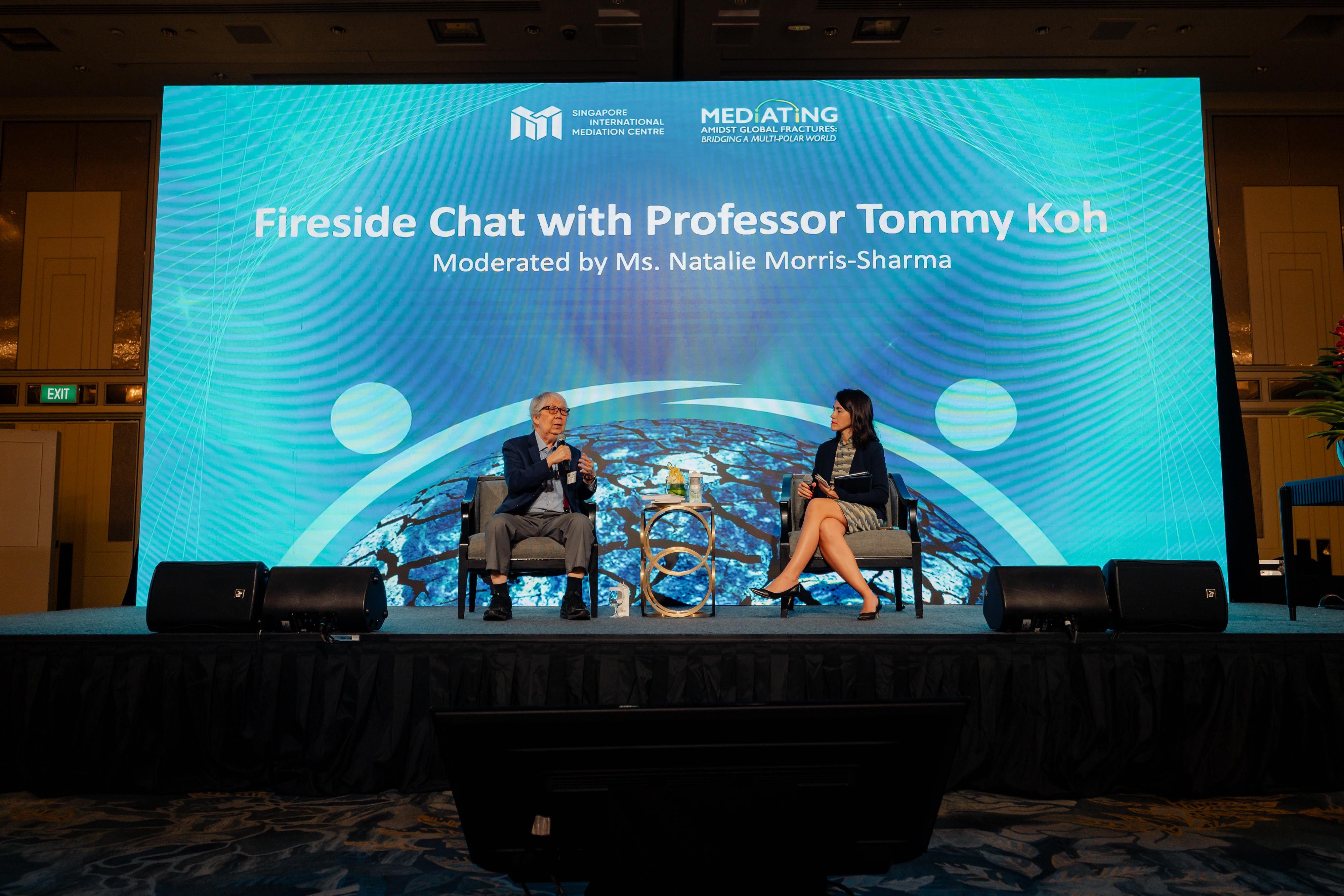 Fireside chat with Singapore veteran diplomat Tommy Koh, moderated by Natalie Morris-Sharma, senior director/senior state counsel at the international affairs division of the Attorney-General’s Chambers Singapore. Photo: SIMC
