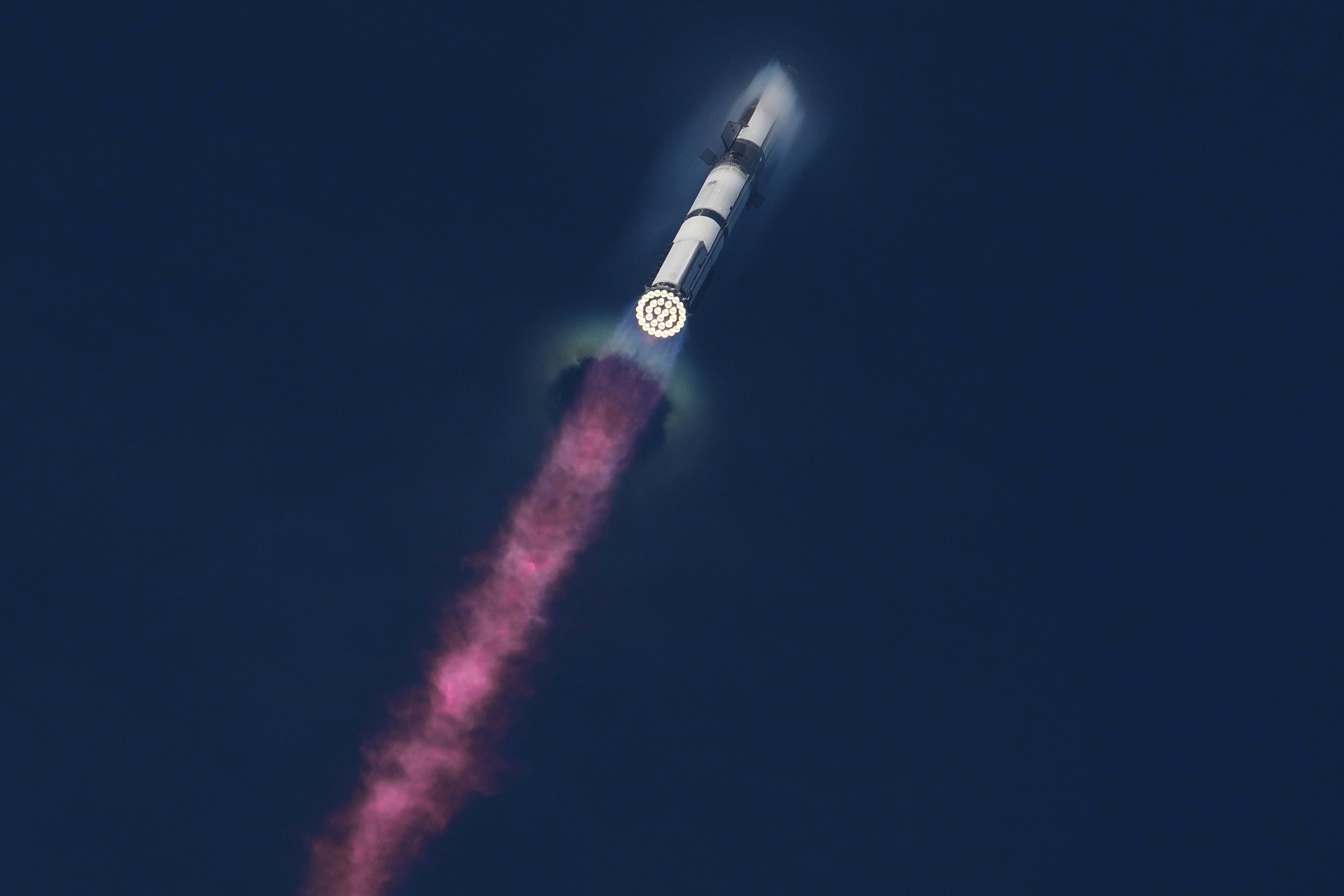 The SpaceX megarocket Starship during its test flight on Tuesday. Photo: AP